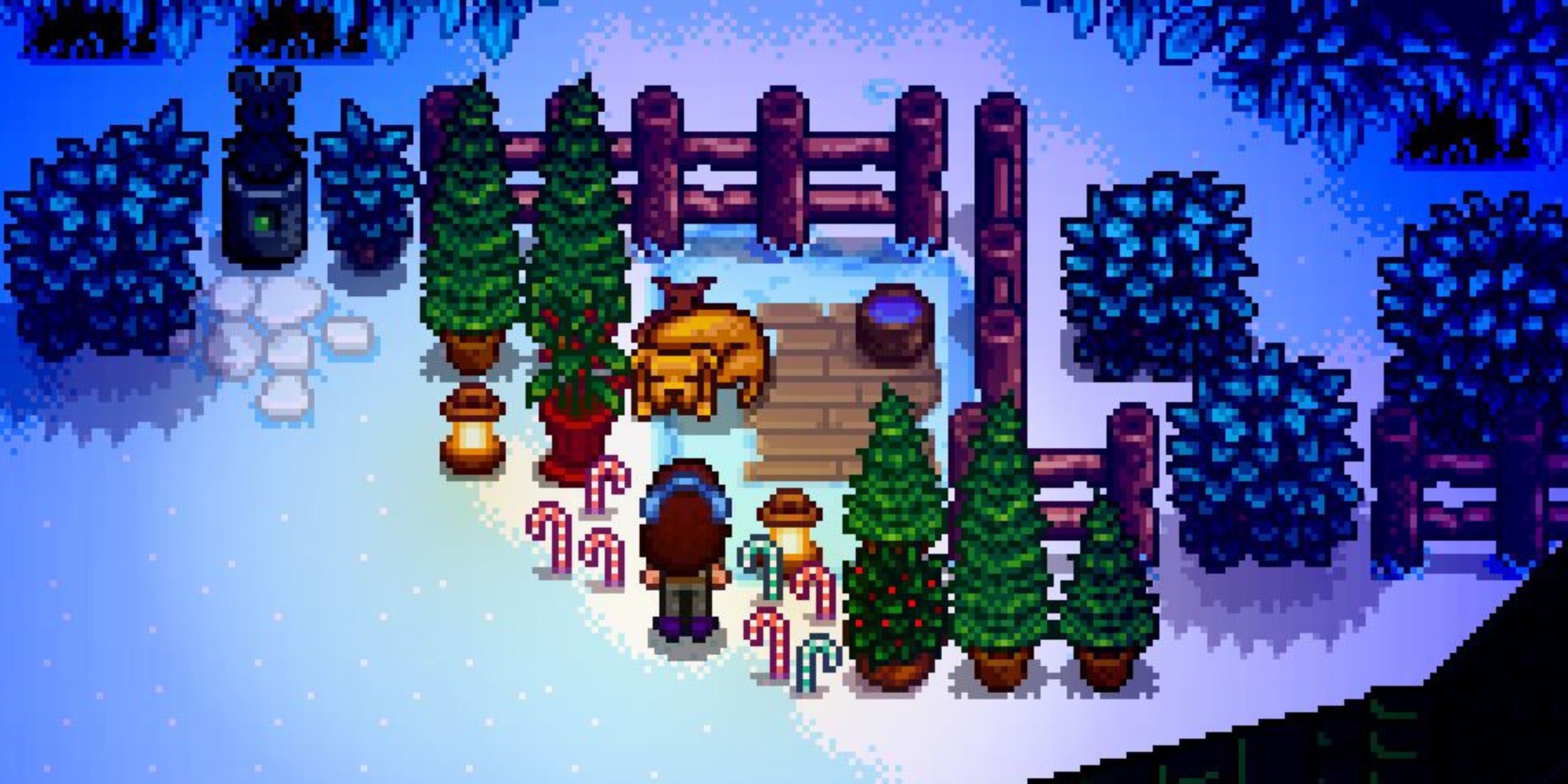 A dog sleeping by the pet bowl in Stardew Valley.