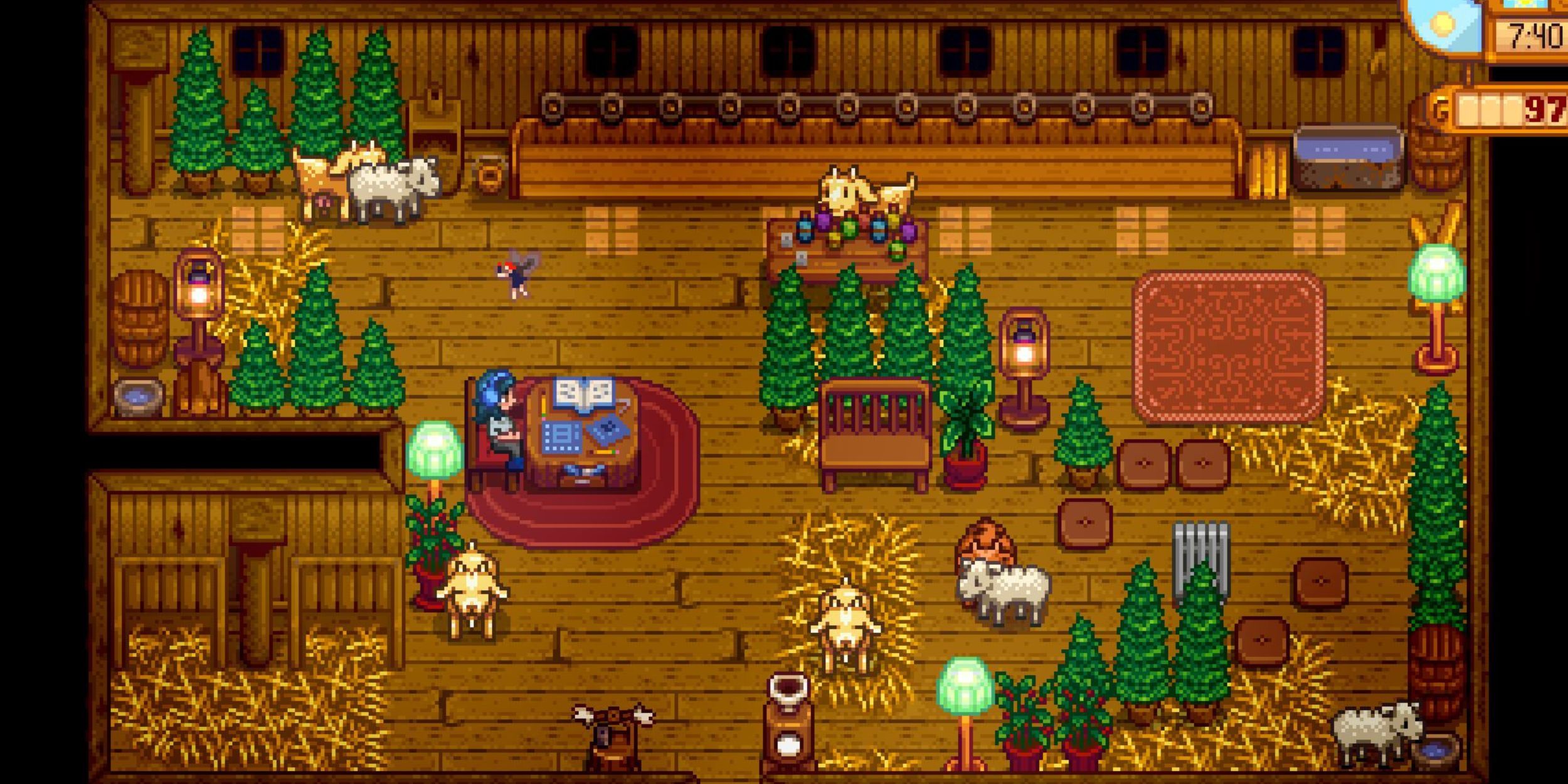 A decorated barn in Stardew Valley.