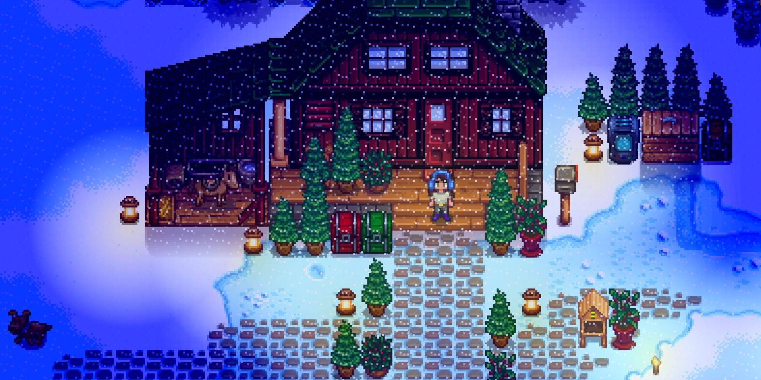 A red and green farmhouse in Stardew Valley.