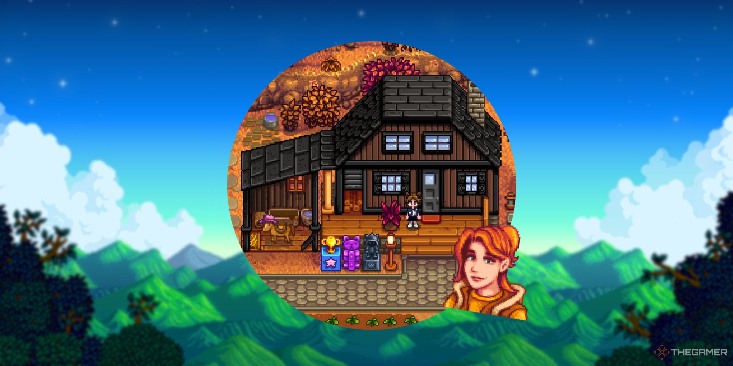 An image from Stardew Valley of Robin and a recolored Farm House, which can be decorated from Robin's shop. 