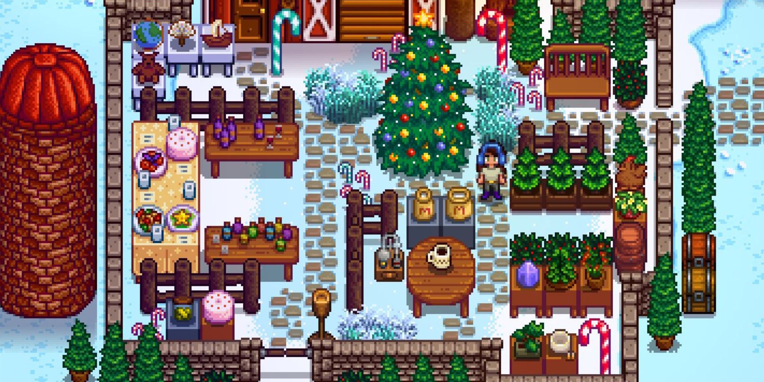 A farm decorated with a Christmas market in Stardew Valley.