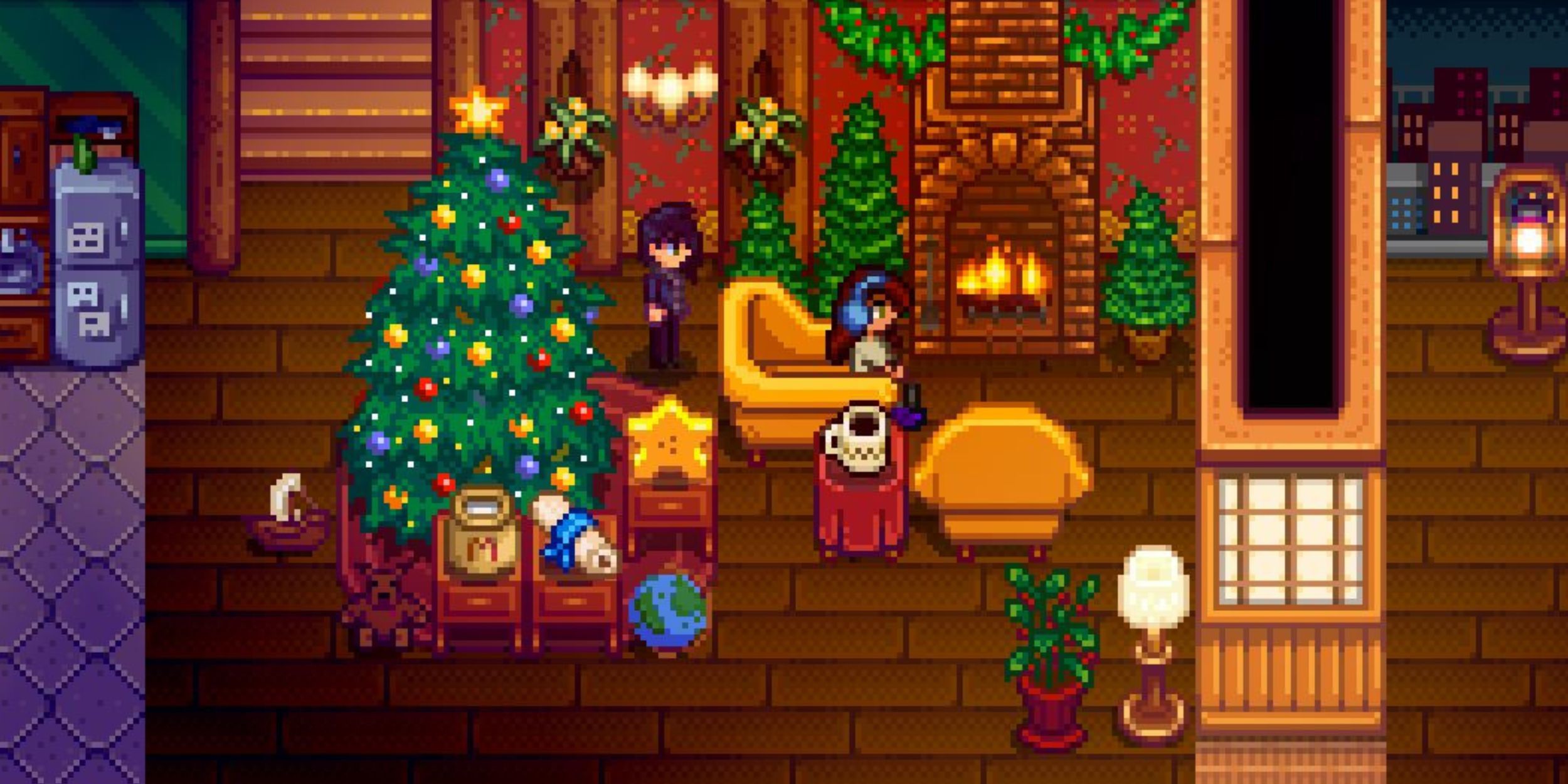 A festive living room in Stardew Valley.