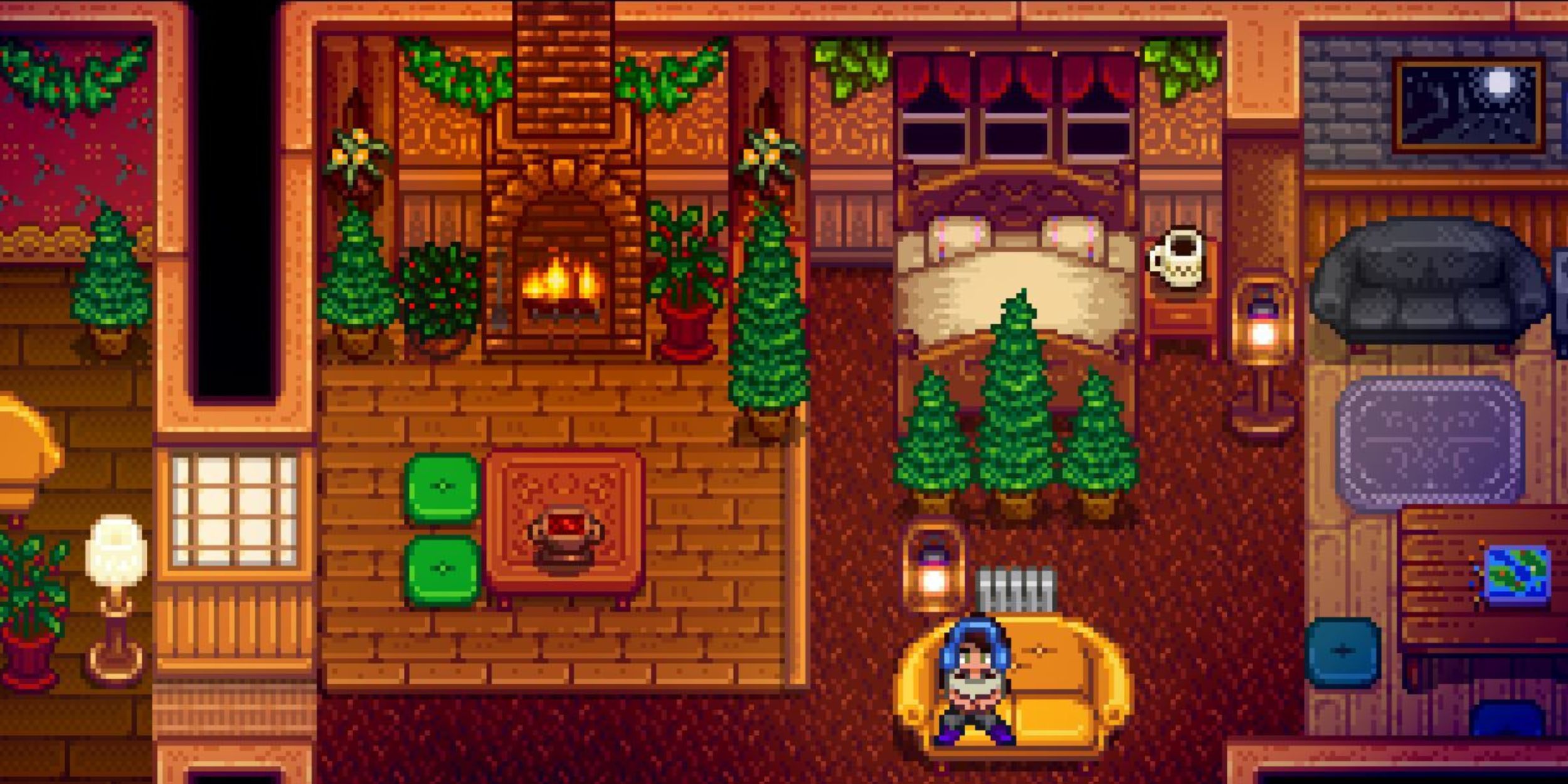 A bedroom decorated for Christmas in Stardew Valley.