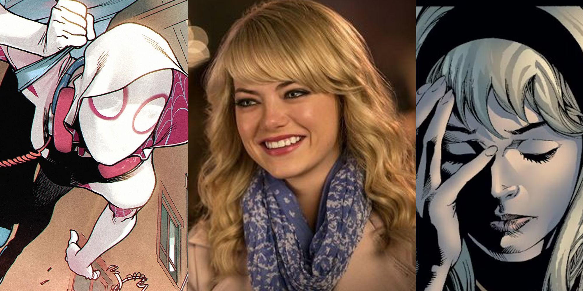 Spider-Gwen wall-climbing; Emma Stone as Gwen Stacy smiling; Gwen Stacy shrouded in shadow