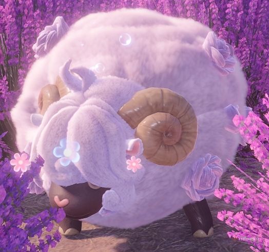 Front view of Florasheep surrounded by lavender in Infinity Nikki