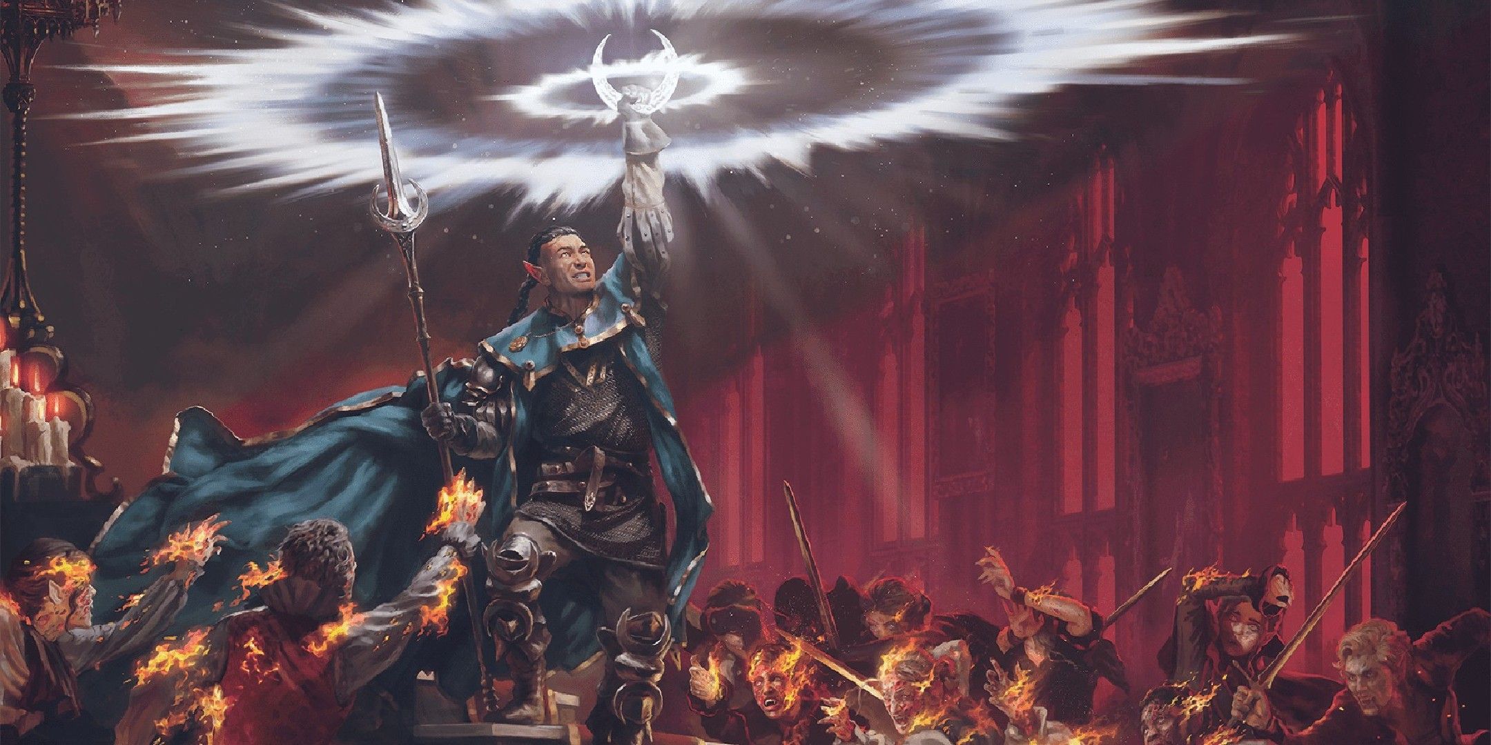 Dungeons & Dragons image showing a cleric facing many vampires.