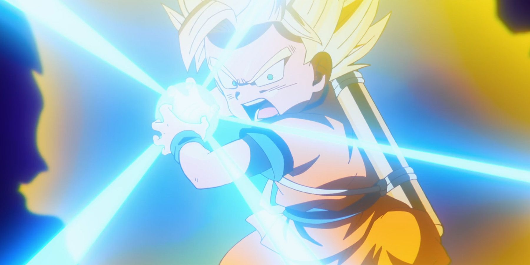 Super Saiyan Goku charging a Kamehameha in Dragon Ball DAIMA