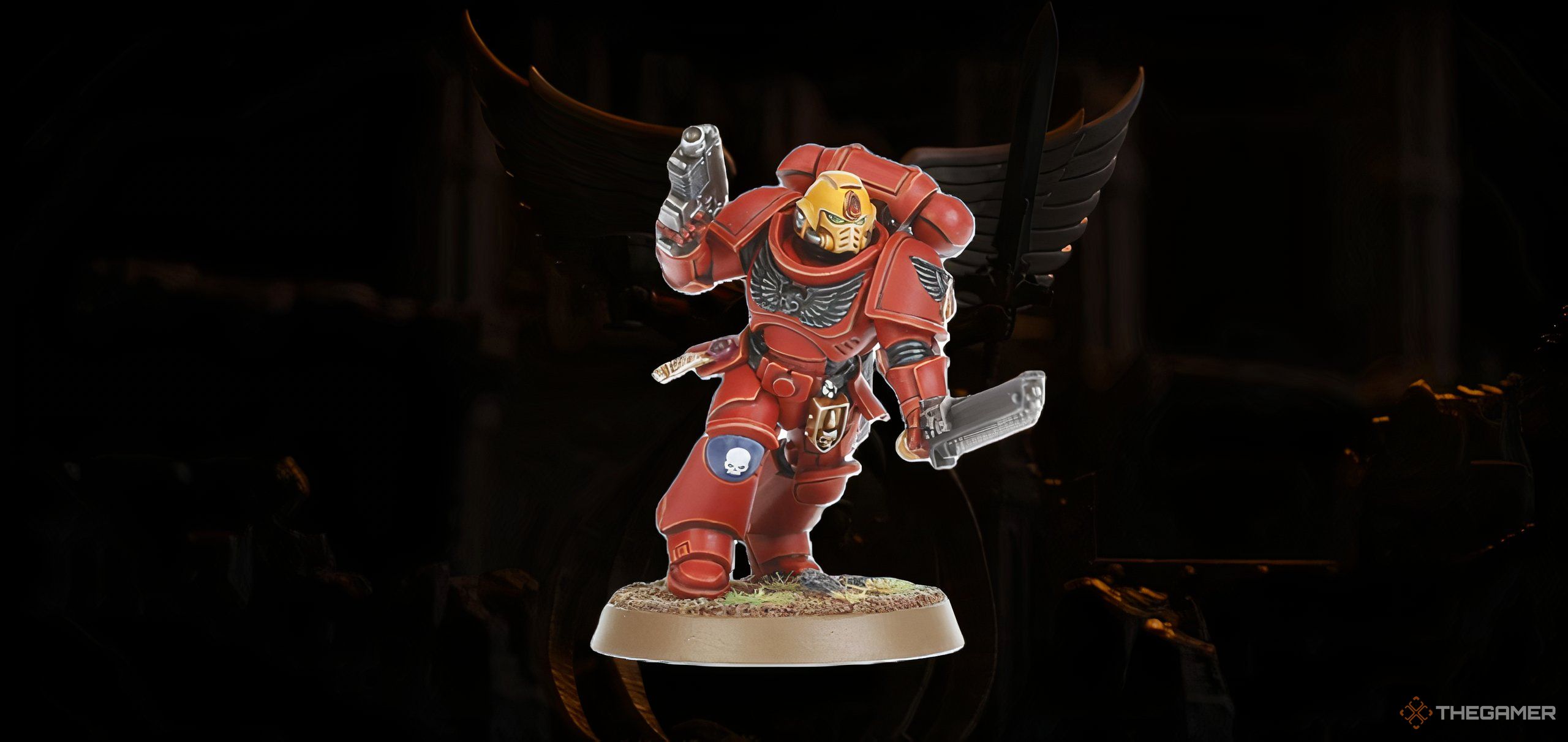 A Blood Angels Assault Intercessor from Warhammer 40,000 tabletop.