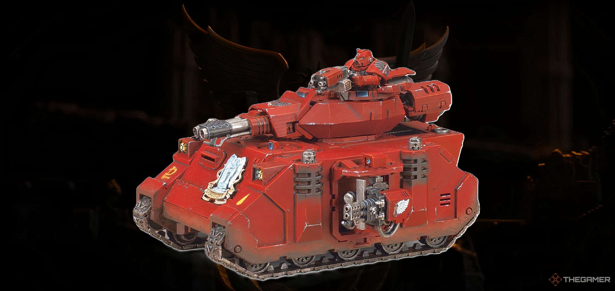 A Blood Angels Baal Predator from Warhammer 40,000 tabletop.