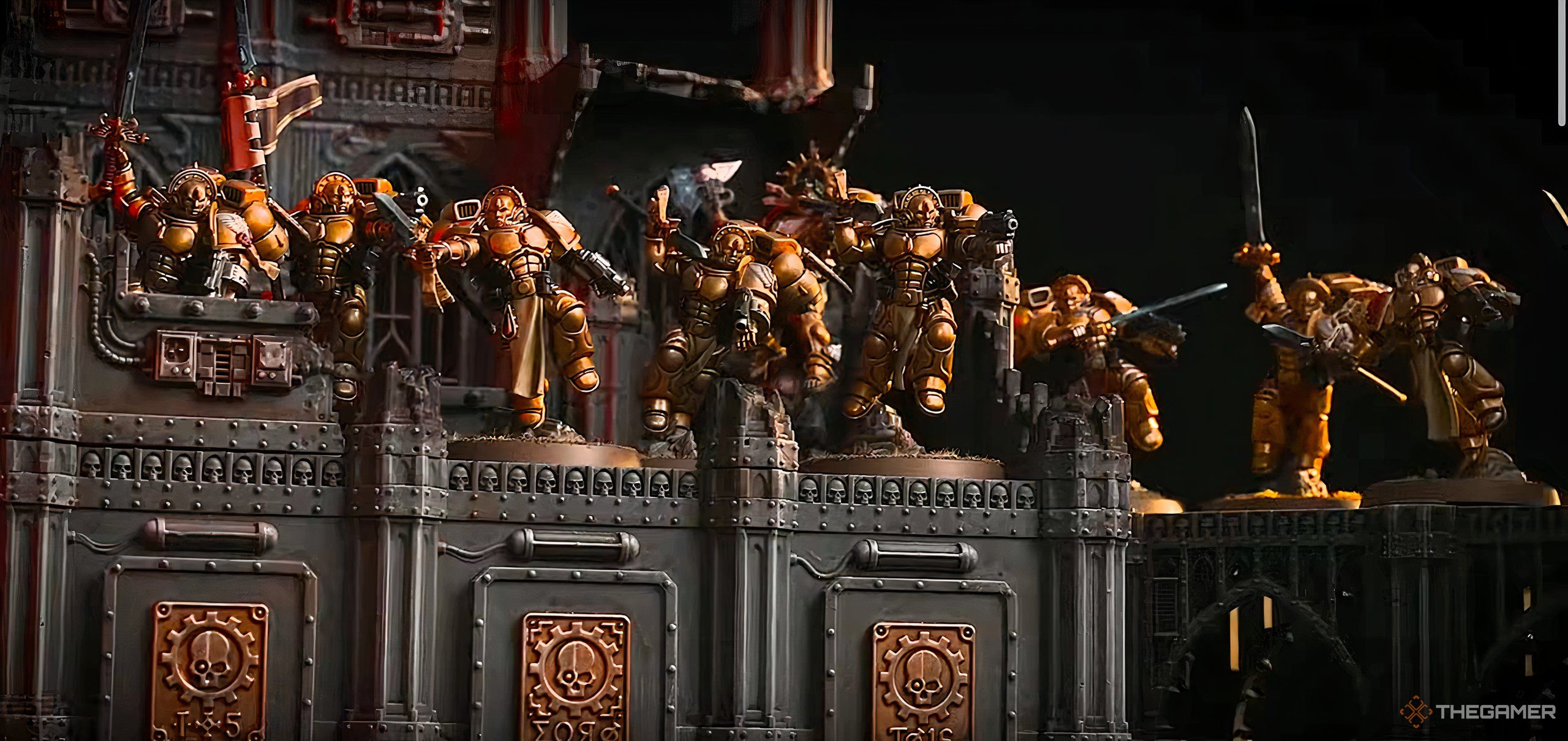 A large gathering of Blood Angels Sanguinary Guard from Warhammer 40,000 tabletop.