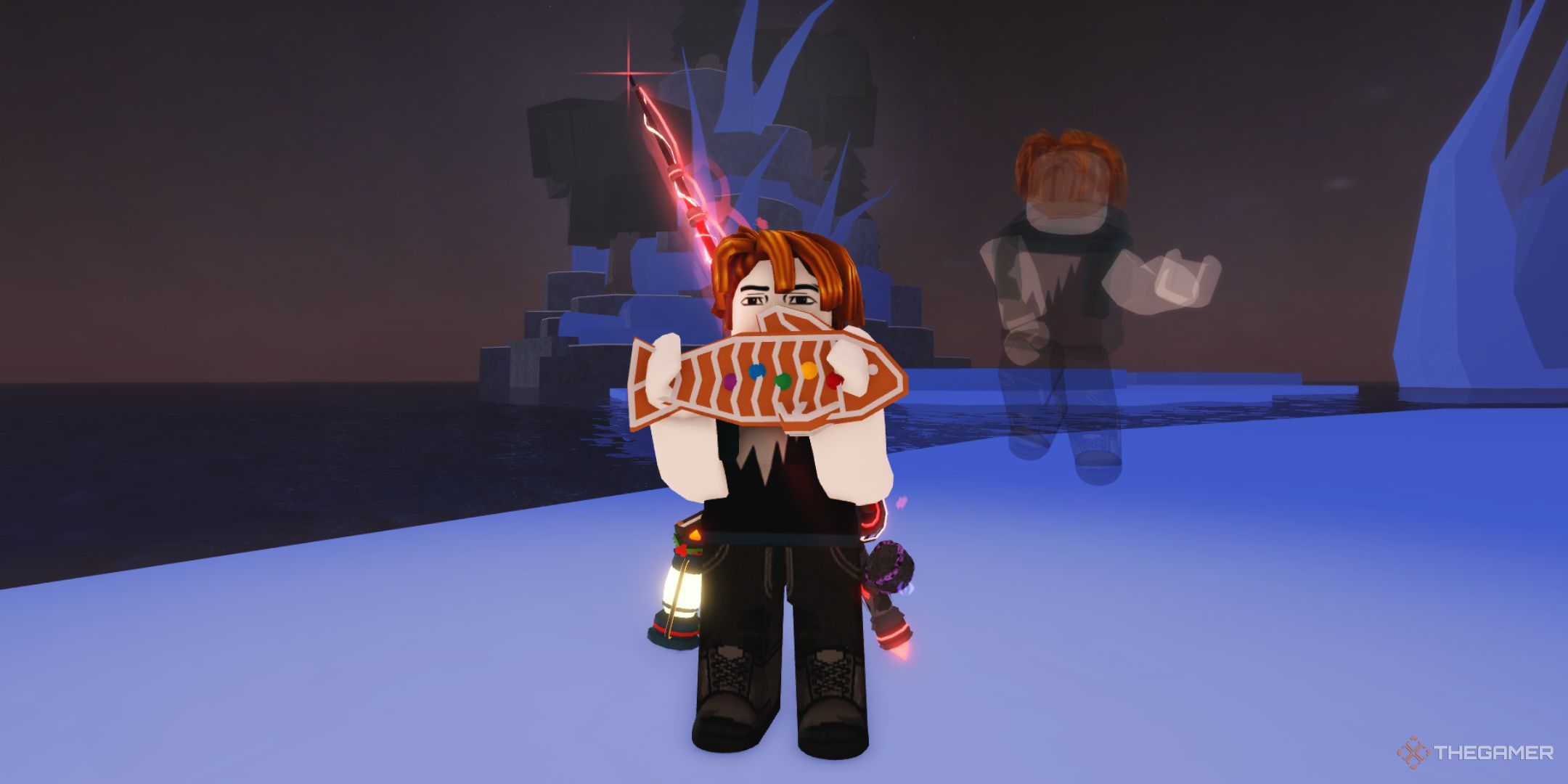 The player character holding Gingerbread Fish with his right hand while smiling in Winter Village in Fisch