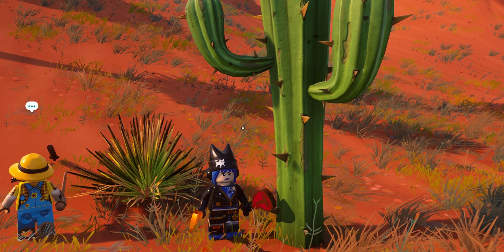 A player and an NPC beside a Cactus in Lego Fortnite.