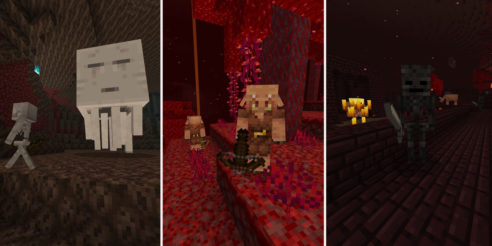 A split image of a ghast in a soul sand valley, piglins in a crimson forest, and a blaze and wither skeleton in a fortress