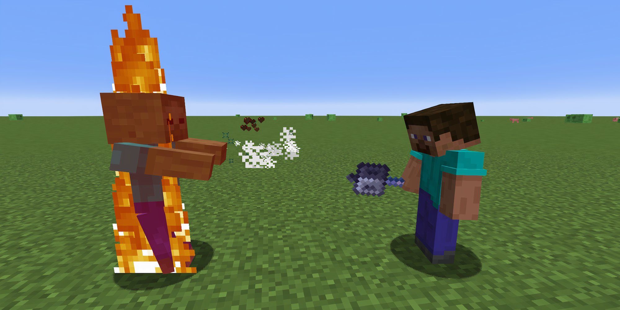 A zombie on fire after Steve used a Fire Aspect Mace on it.