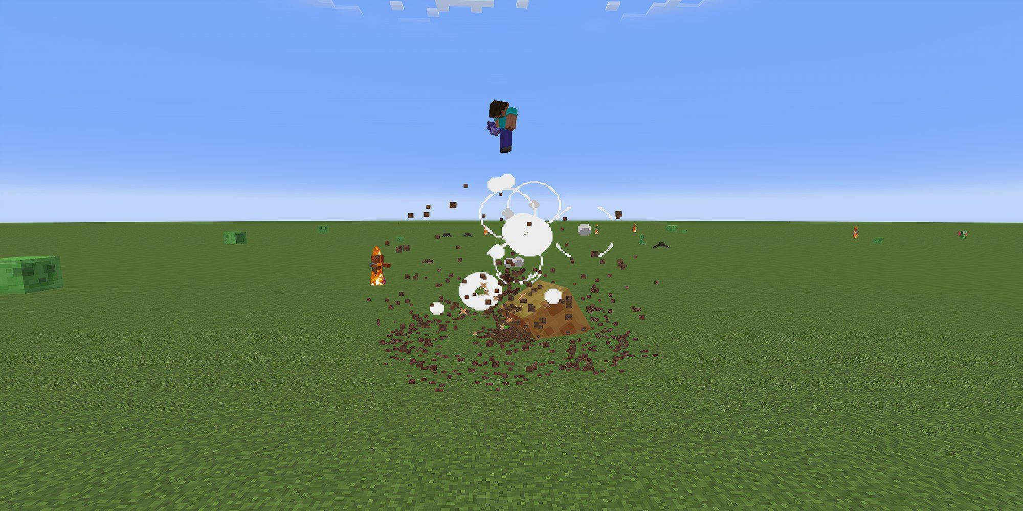 Steve being blasted upwards from the Windburst enchantment after using the mace on a slime.