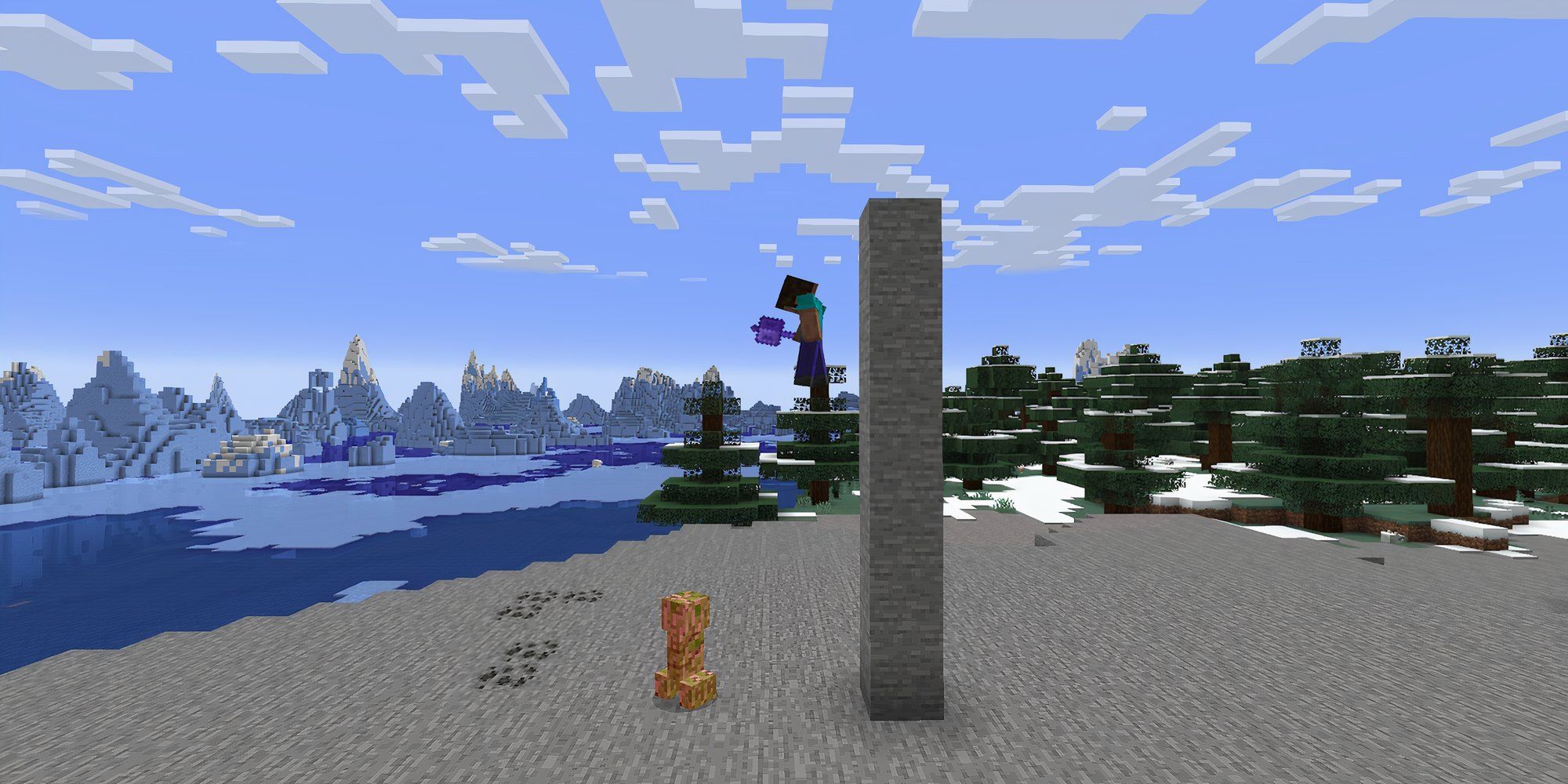 Steve falling off blocks to attack a creeper with the Density enchantment on a mace.