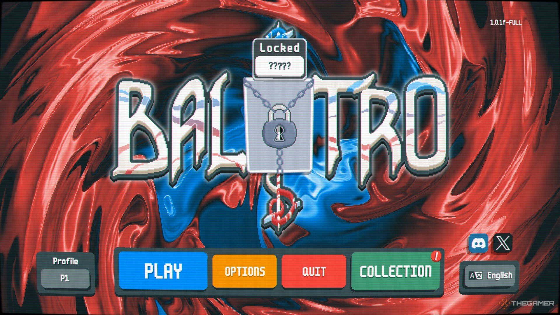 Balatro main menu with a hidden locked card in the center.