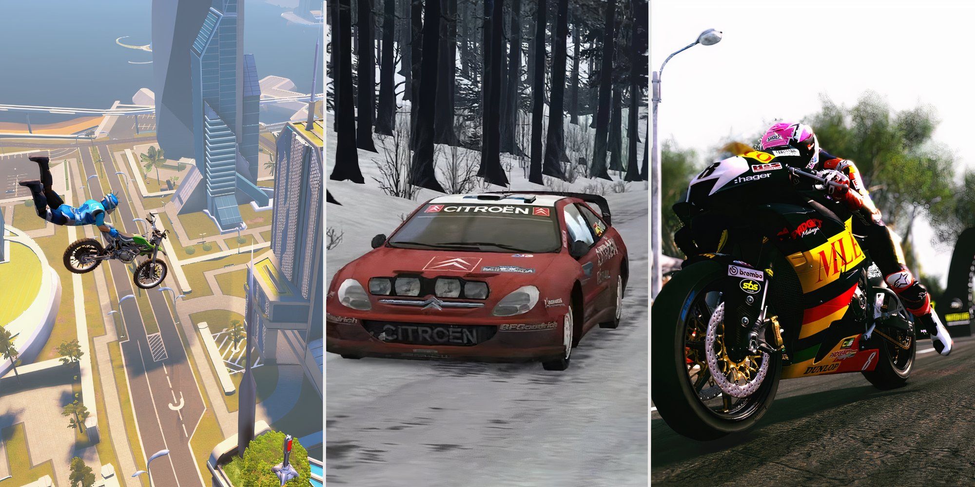 A split image showing Trials Fusion, Richard Burns Rally and TT Isle of Man Ride on the Edge 3 