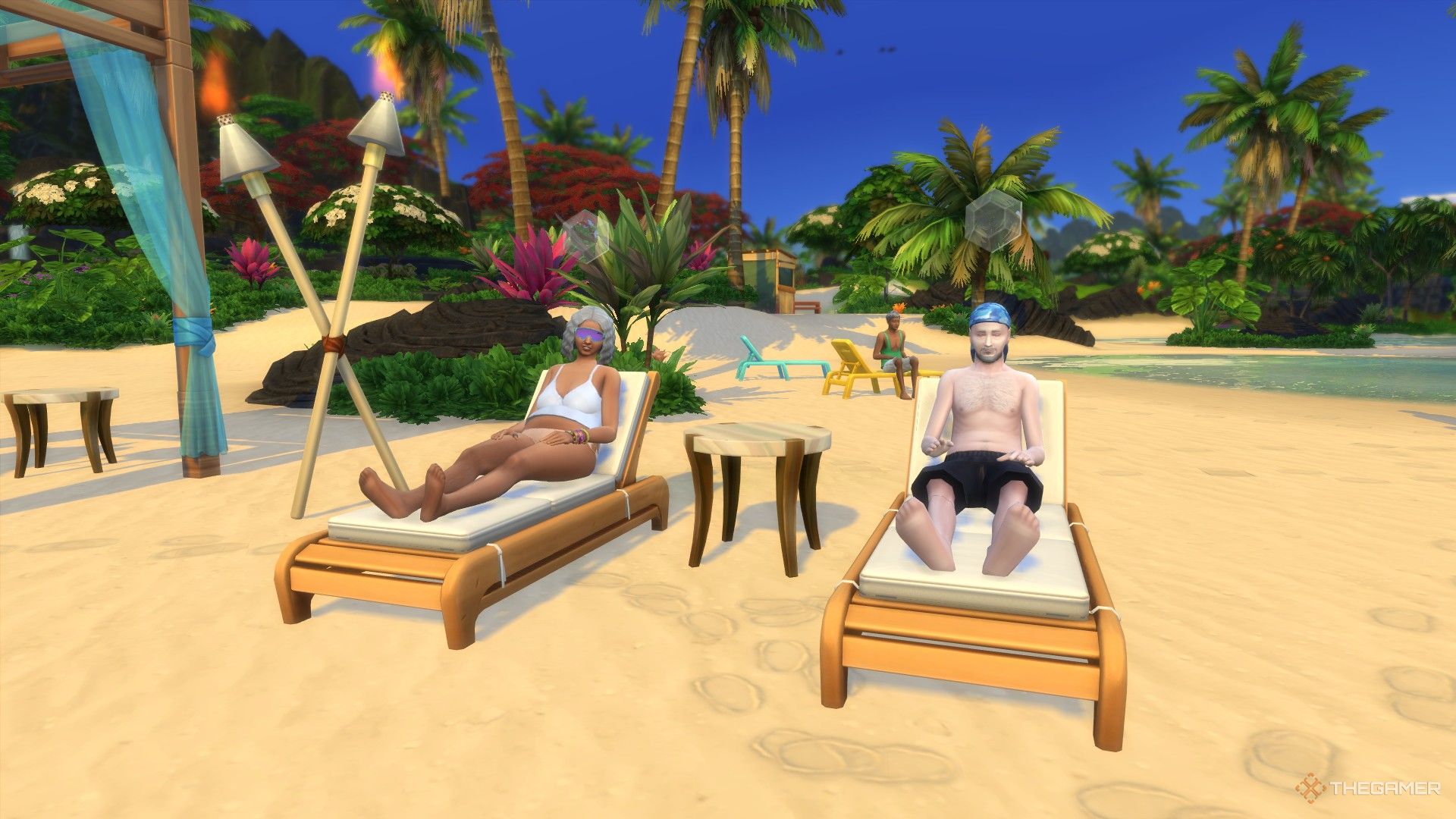 Three elderly Sims relaxing on the beach in Sulani in The Sims 4 Island Living.