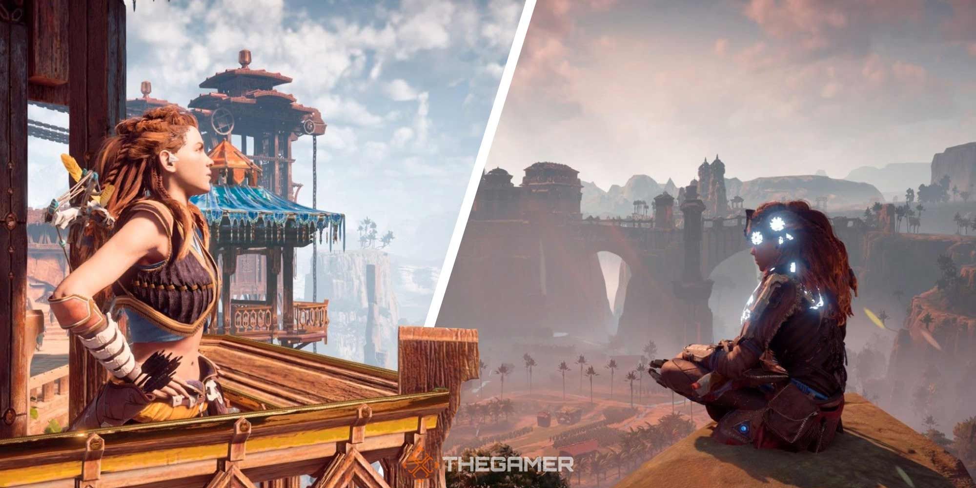 Split image of Aloy Standing On Meridian Balcony and Aloy On Top Of Glinthawk Rock