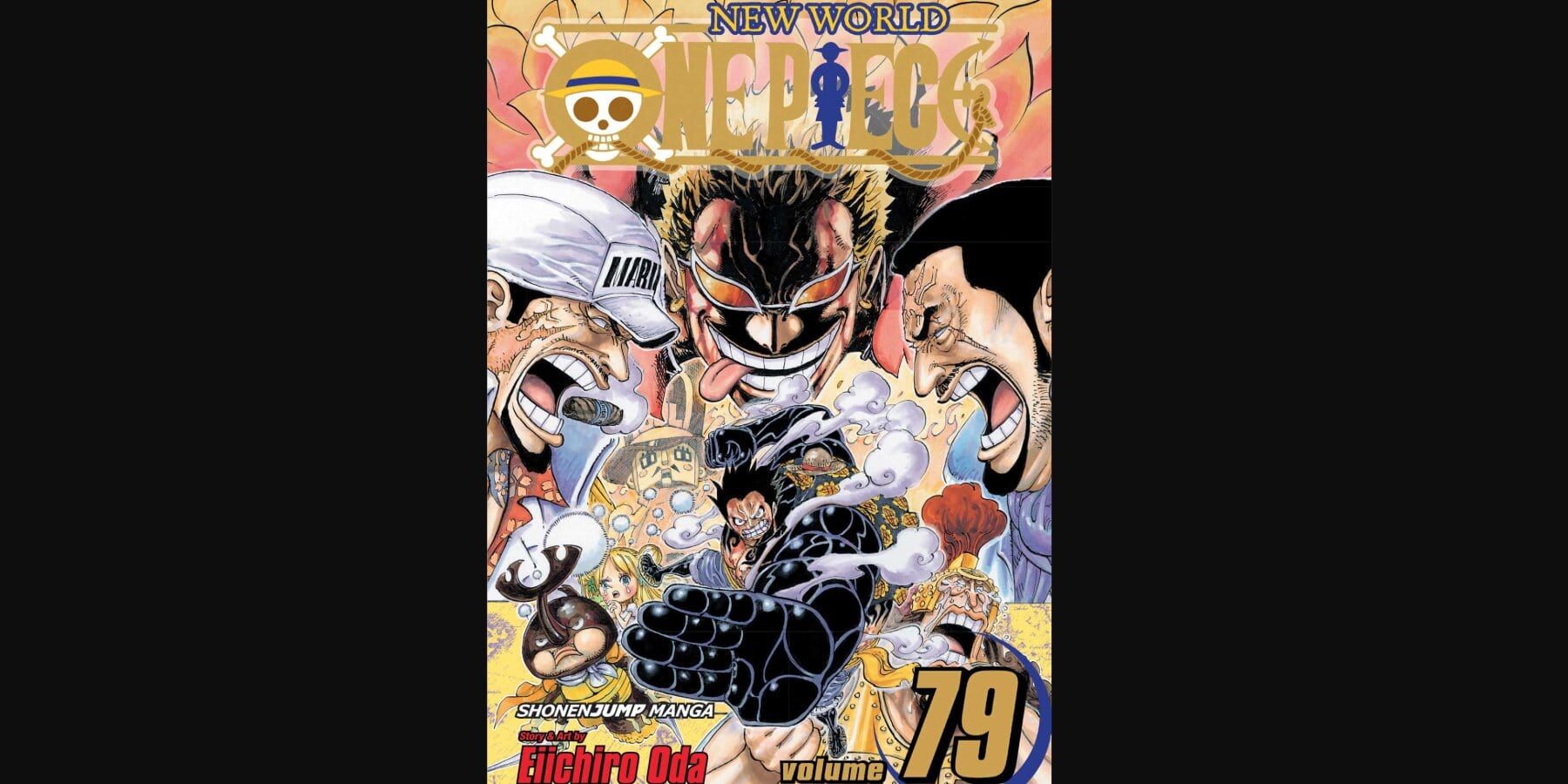 Volume 79 cover showing Fujitora, Akainu, Doflamingo, and Luffy