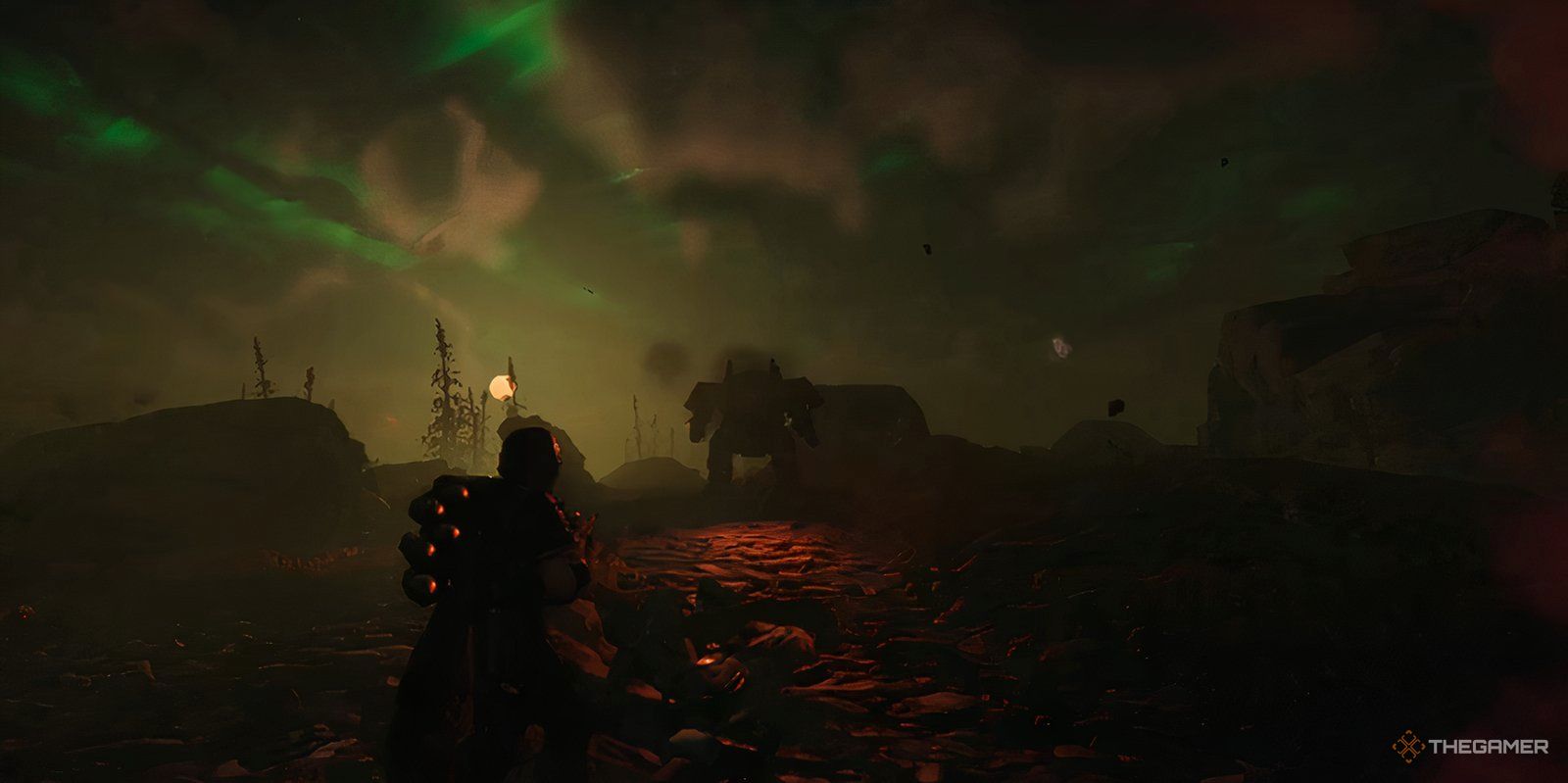 Helldivers 2: A Helldiver being hunted by an Automaton Hulk.