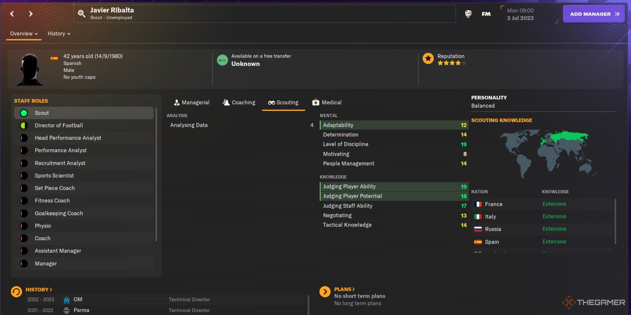 Football Manager 2024 screenshot of Javier Ribalta's profile page.