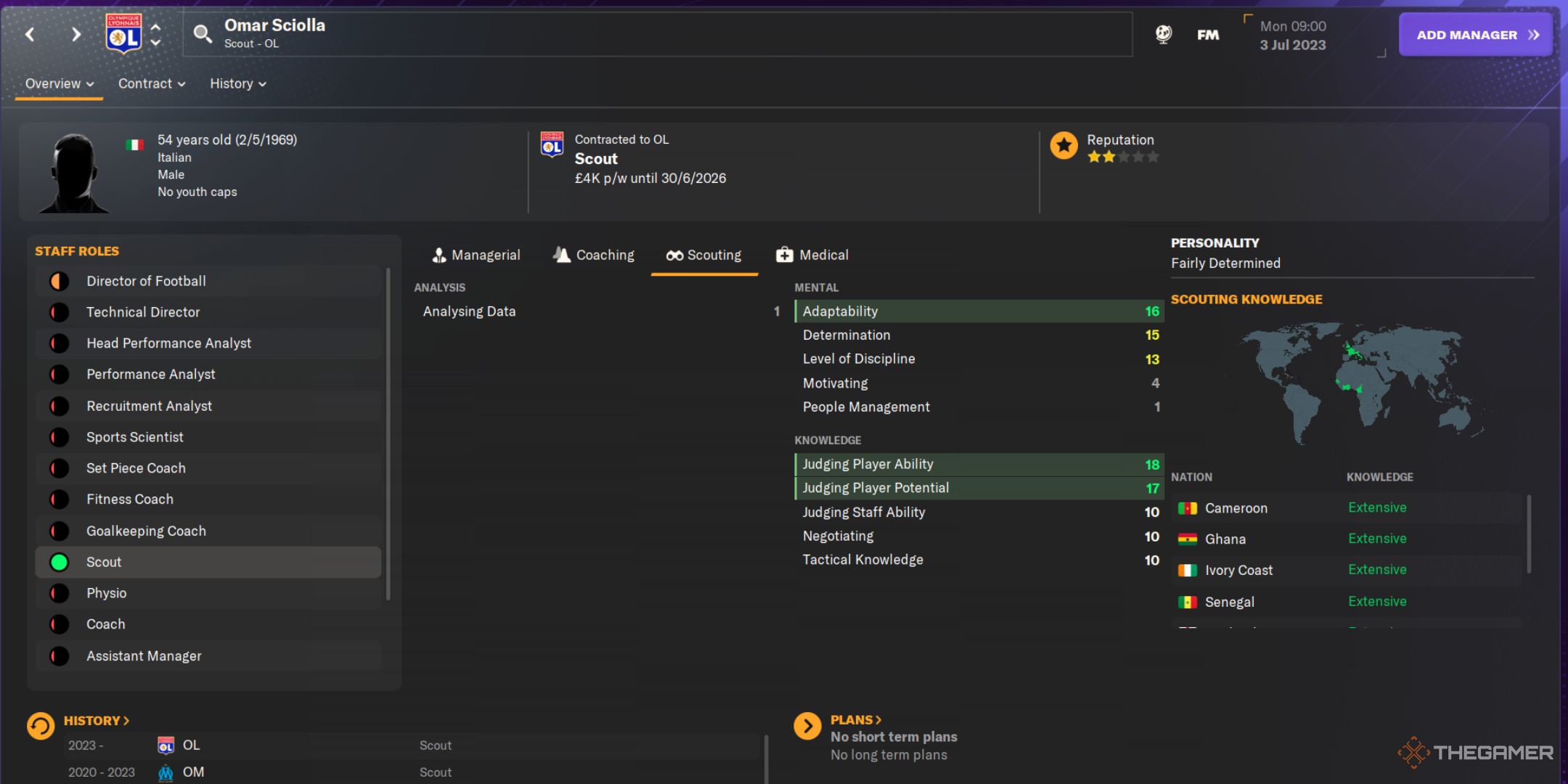 Football Manager 2024 screenshot of Omar Sciolla scout profile.