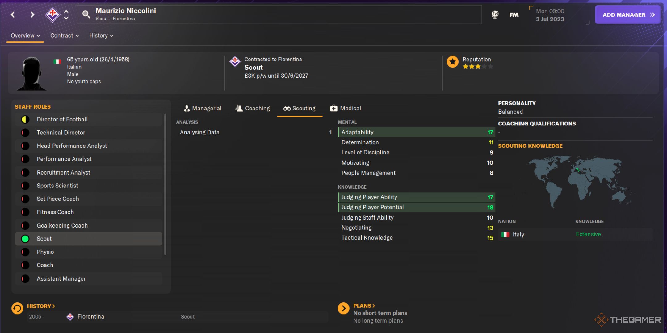 Football Manager 2024 screenshot of Maurizio Niccolini scout profile page.