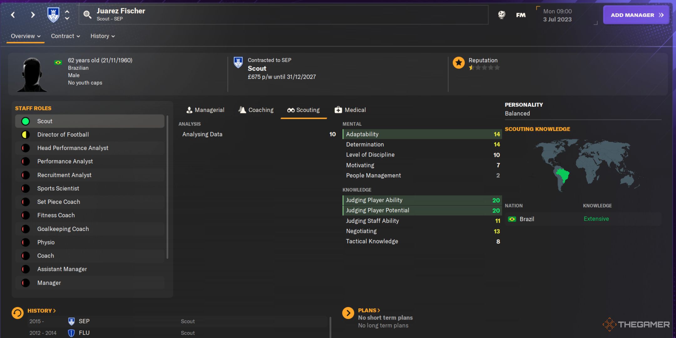 Football Manager 2024 screenshot of Juarez Fischer scout profile page.