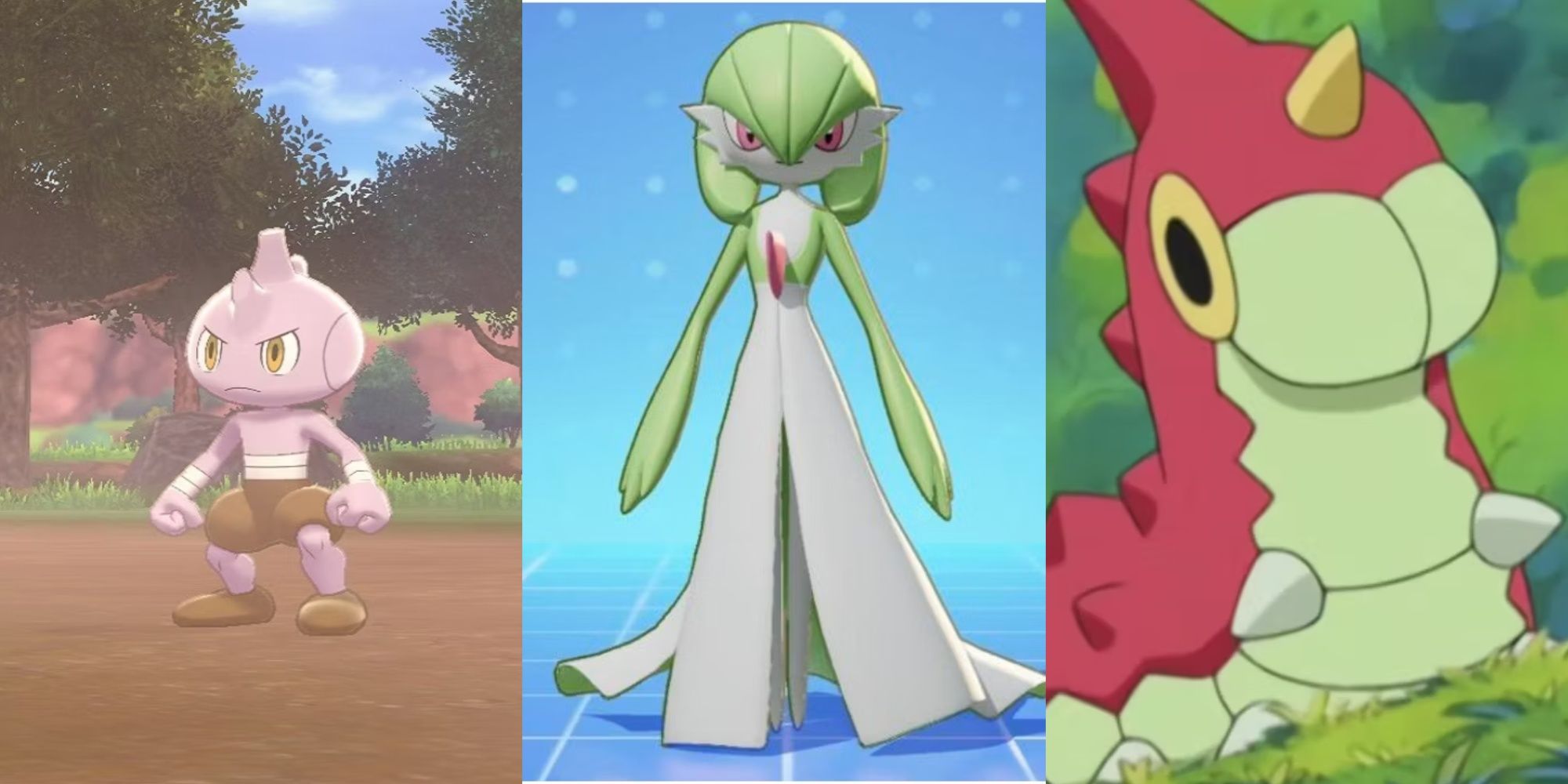 Tyrogue as they appear in Sword and Shield, Gardevoir viewed in 3D on a blue background, and Wurmple from the anime, left to right