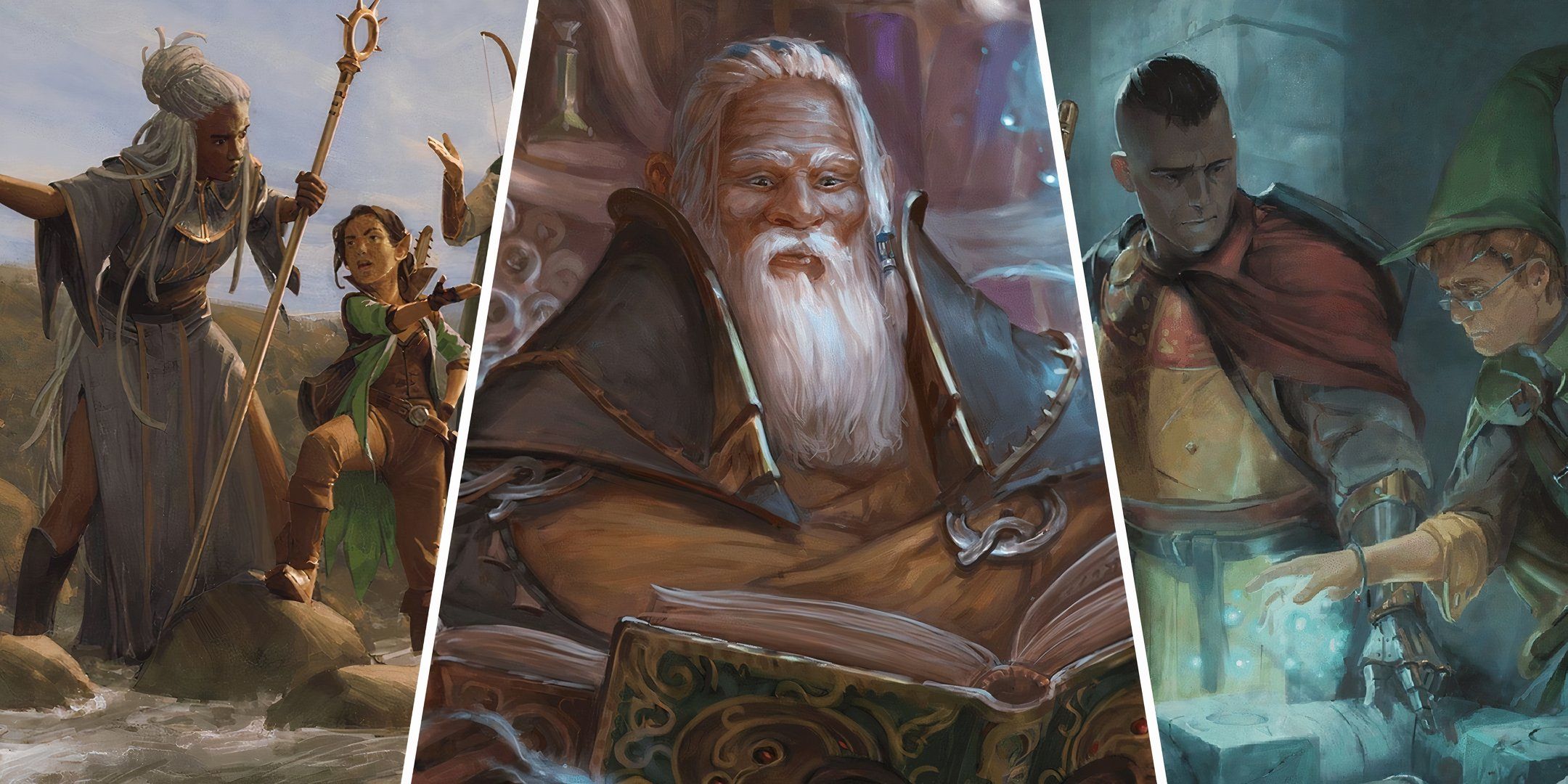 Split image showing a couple of party members arguing, and old wizard reading a book, and a pair of adventurers casting a spell.