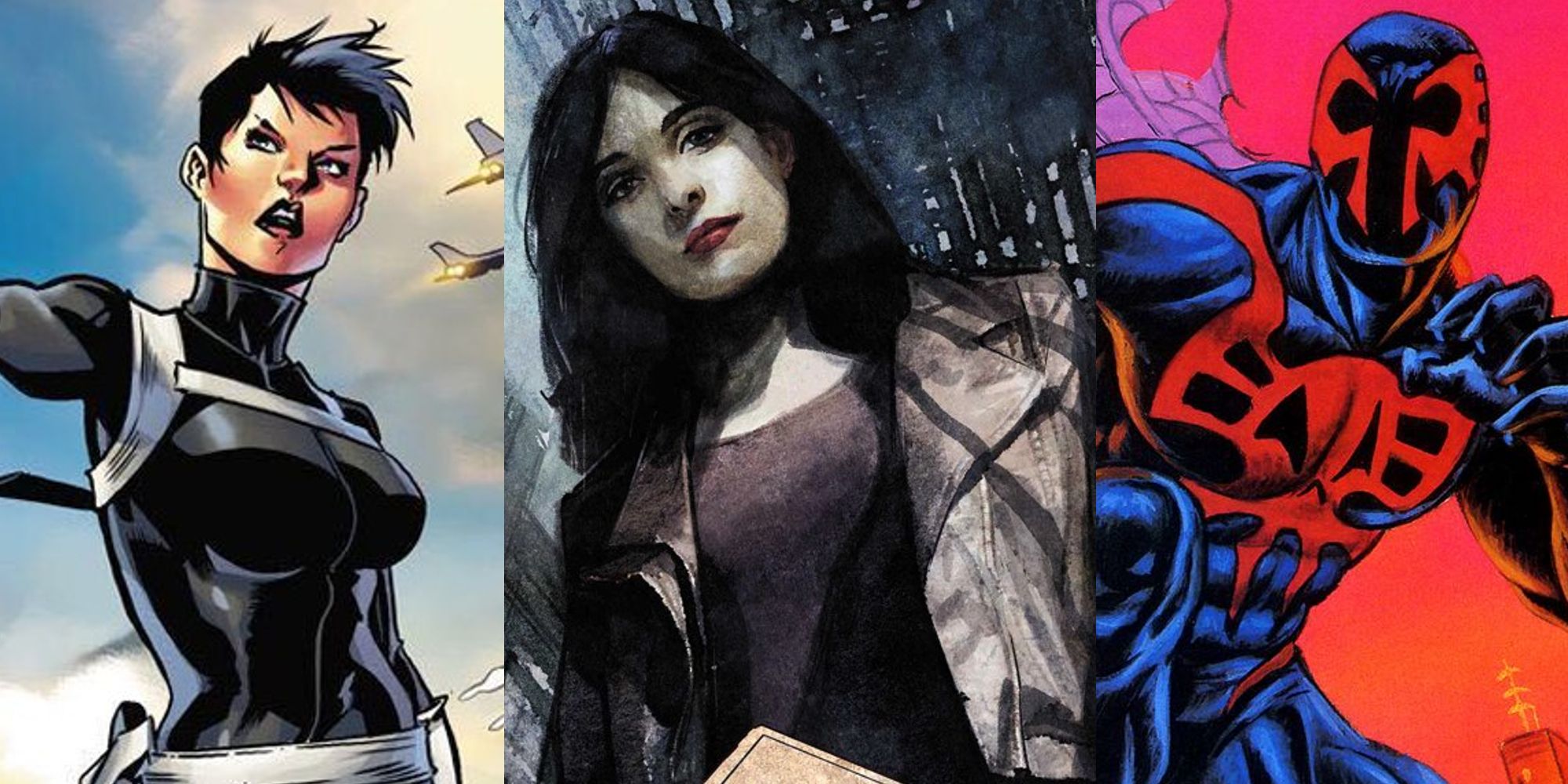 Maria Hill outside; Jessica Jones in an alley; Spider-Man 2099 on a rooftop