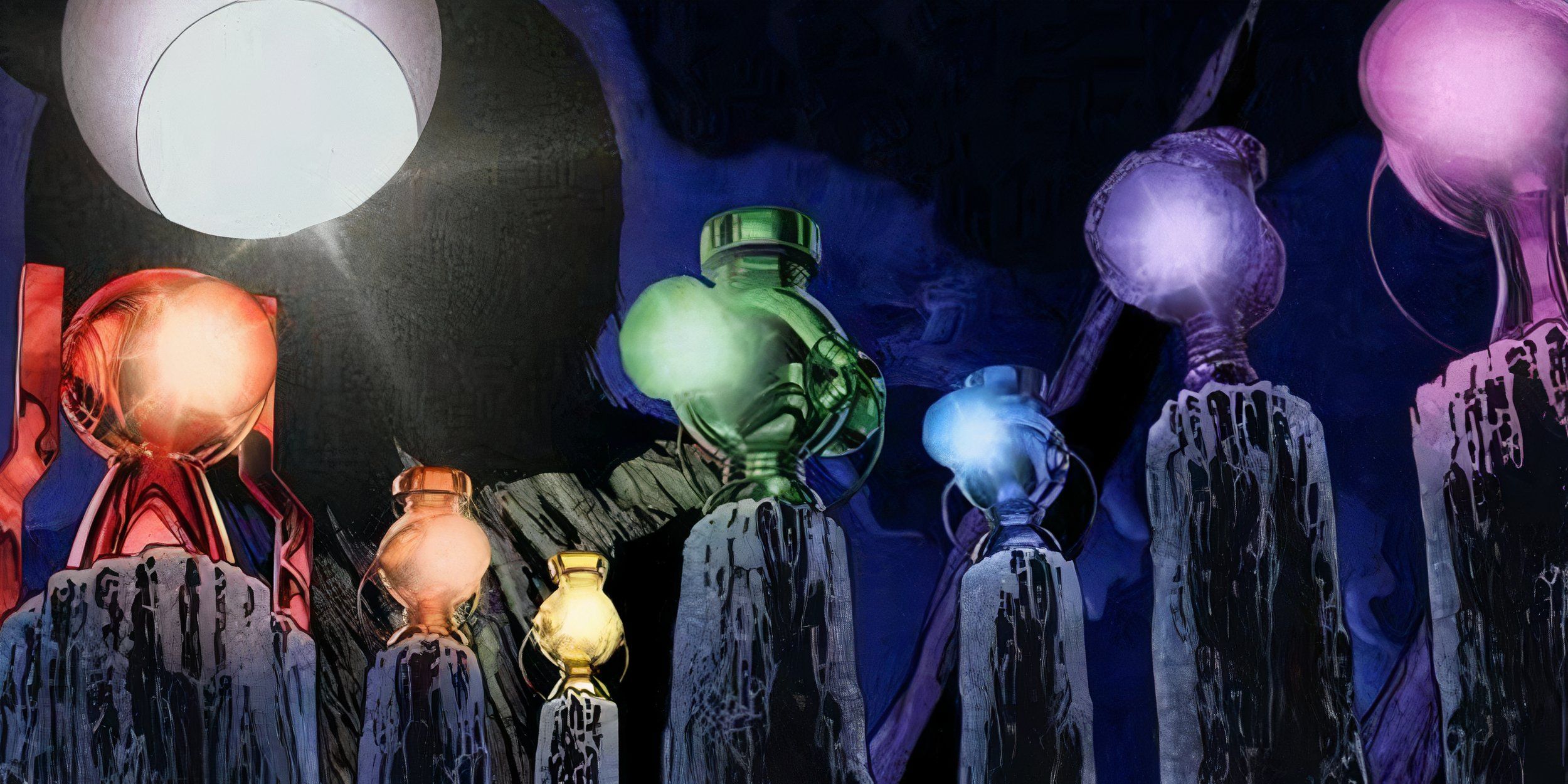 Various coloured lanterns from the DC Comics Lantern Corps.