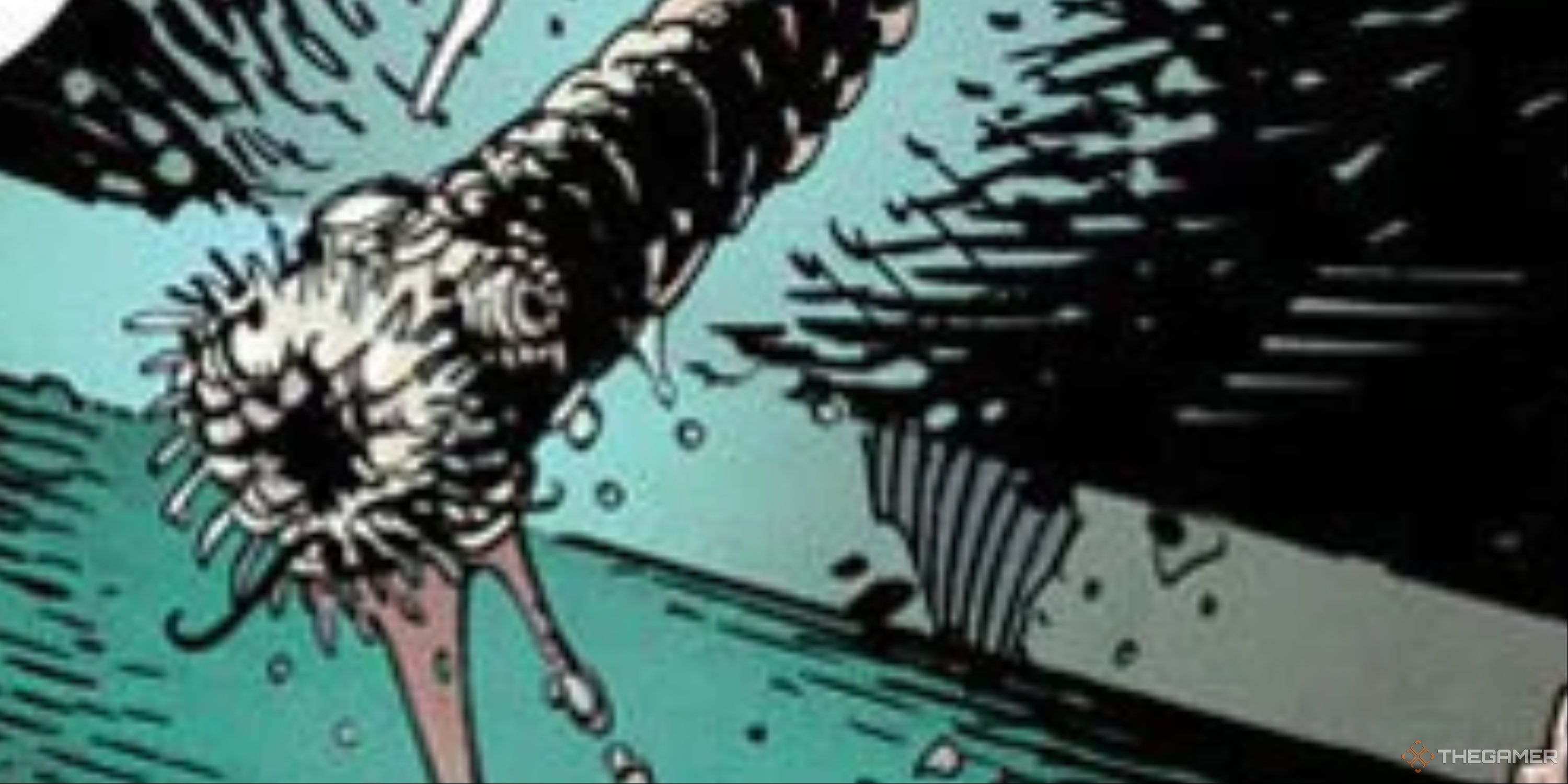 A comic panel showing a close up of a sentient tapeworm.