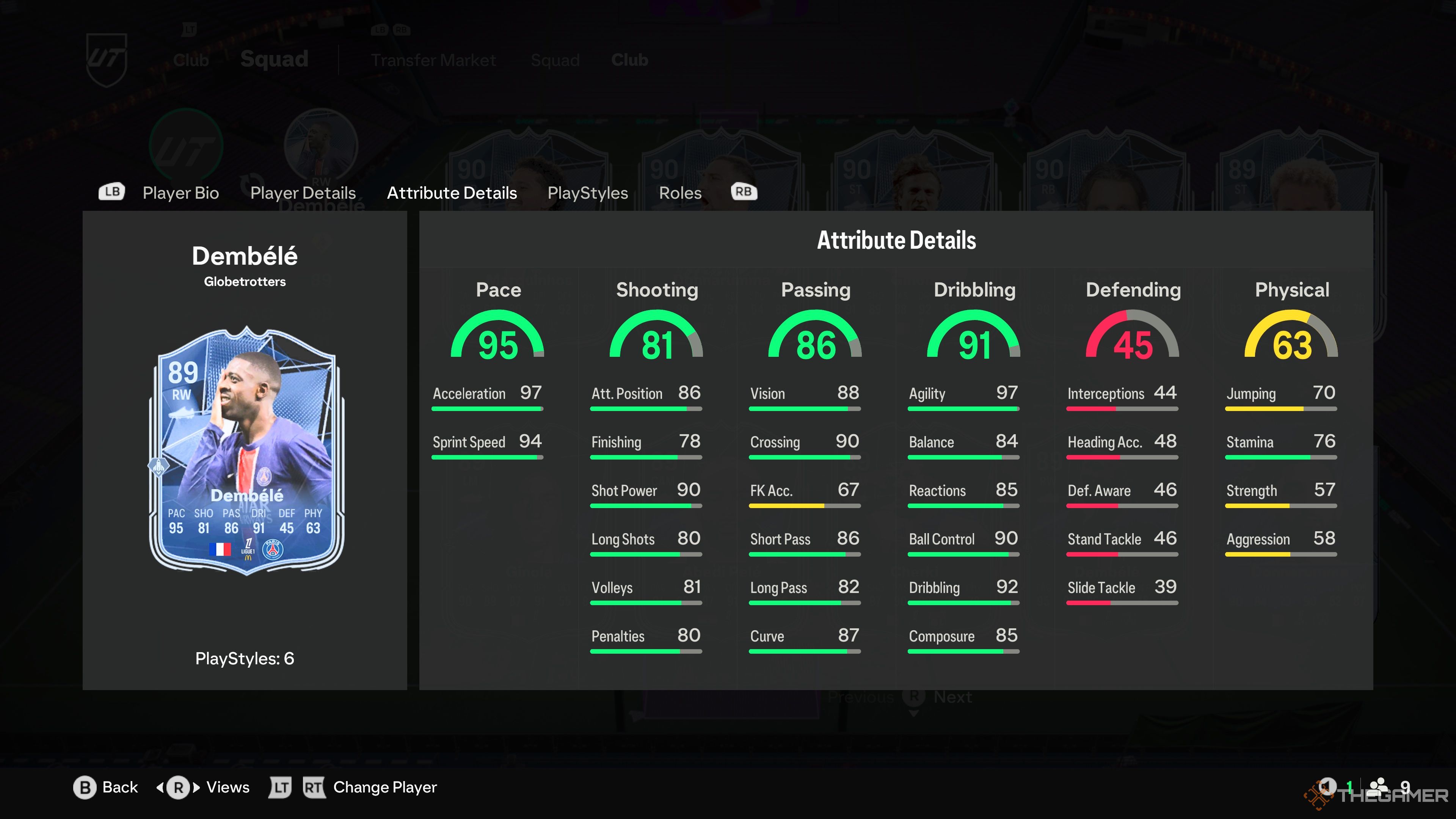 Ousmane Dembele's card attributes in EA Sports FC 25.