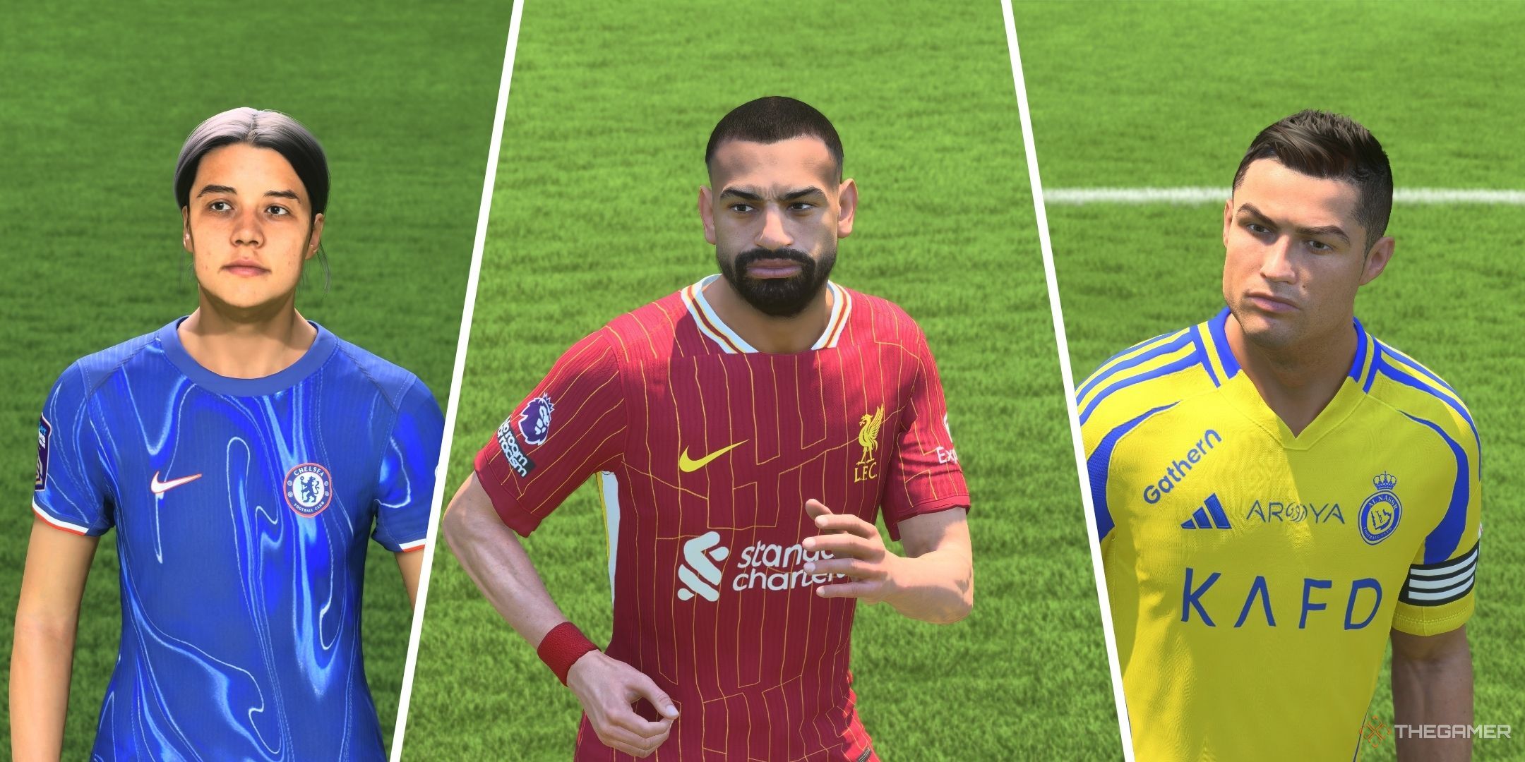 A split image of Sam Kerr, Mo Salah, and Cristiano Ronaldo in EA Sports FC 25.