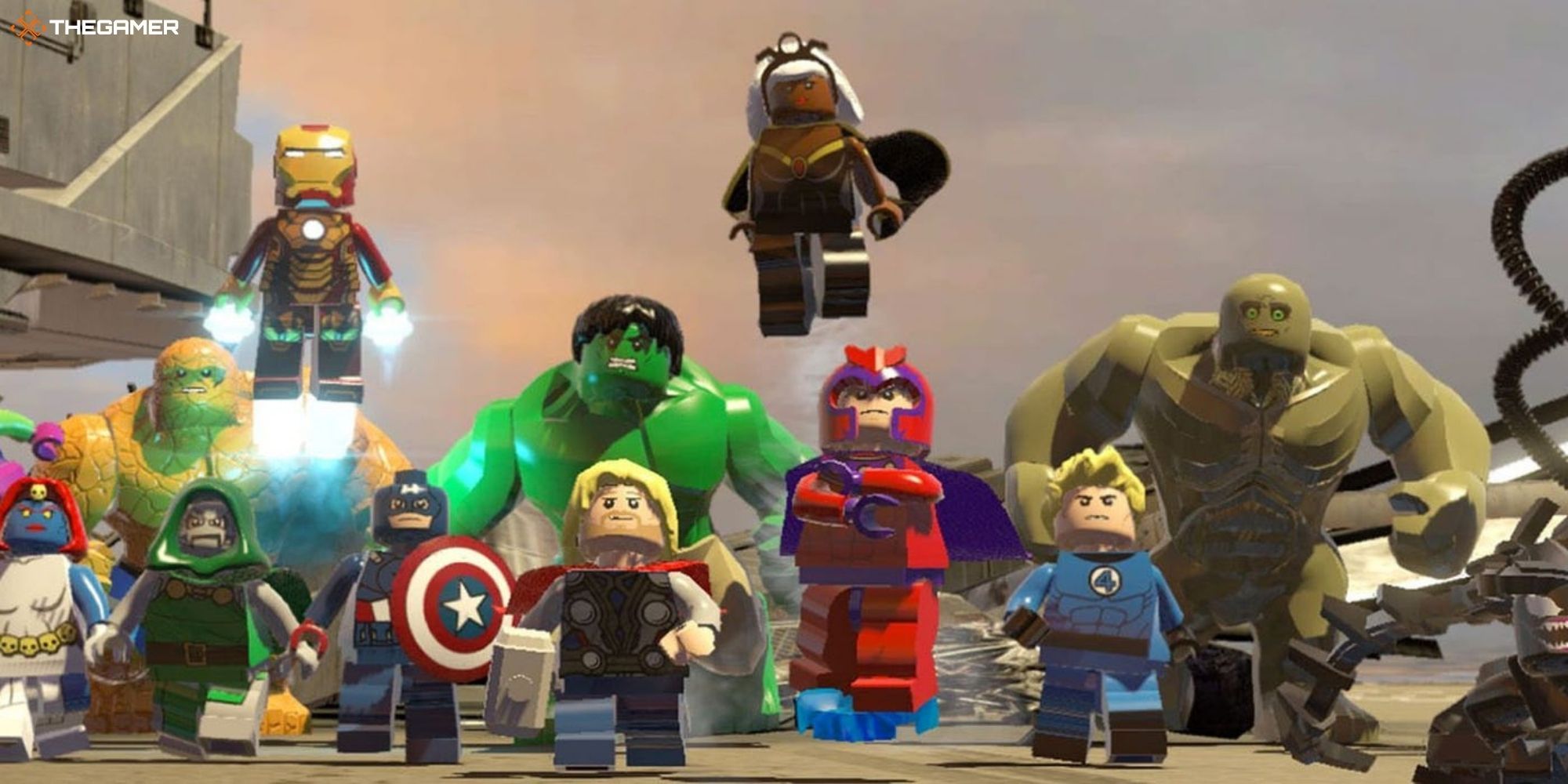 Image of a bunch of superheroes lined up from LEGO Marvel Superheroes.