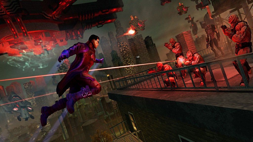 Saints Row 4 character leaping at aliens on a rooftop.