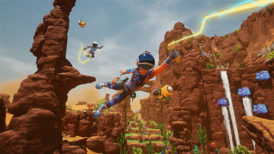 Revenge of the Savage Planet preview: two characters flying through the air using grappling hooks in a colorful sci-fi world.