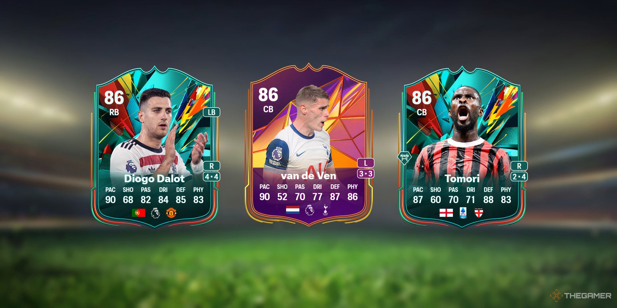 Diogo Dalot's, Micky van de Ven's, and Fikayo Tomori's cards in EA Sports FC 25.