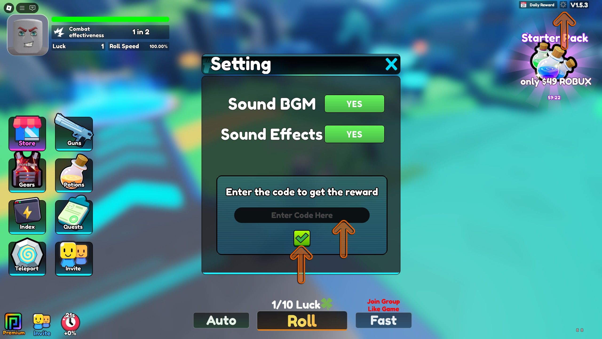 the settings menu in GUNS RNG on Roblox