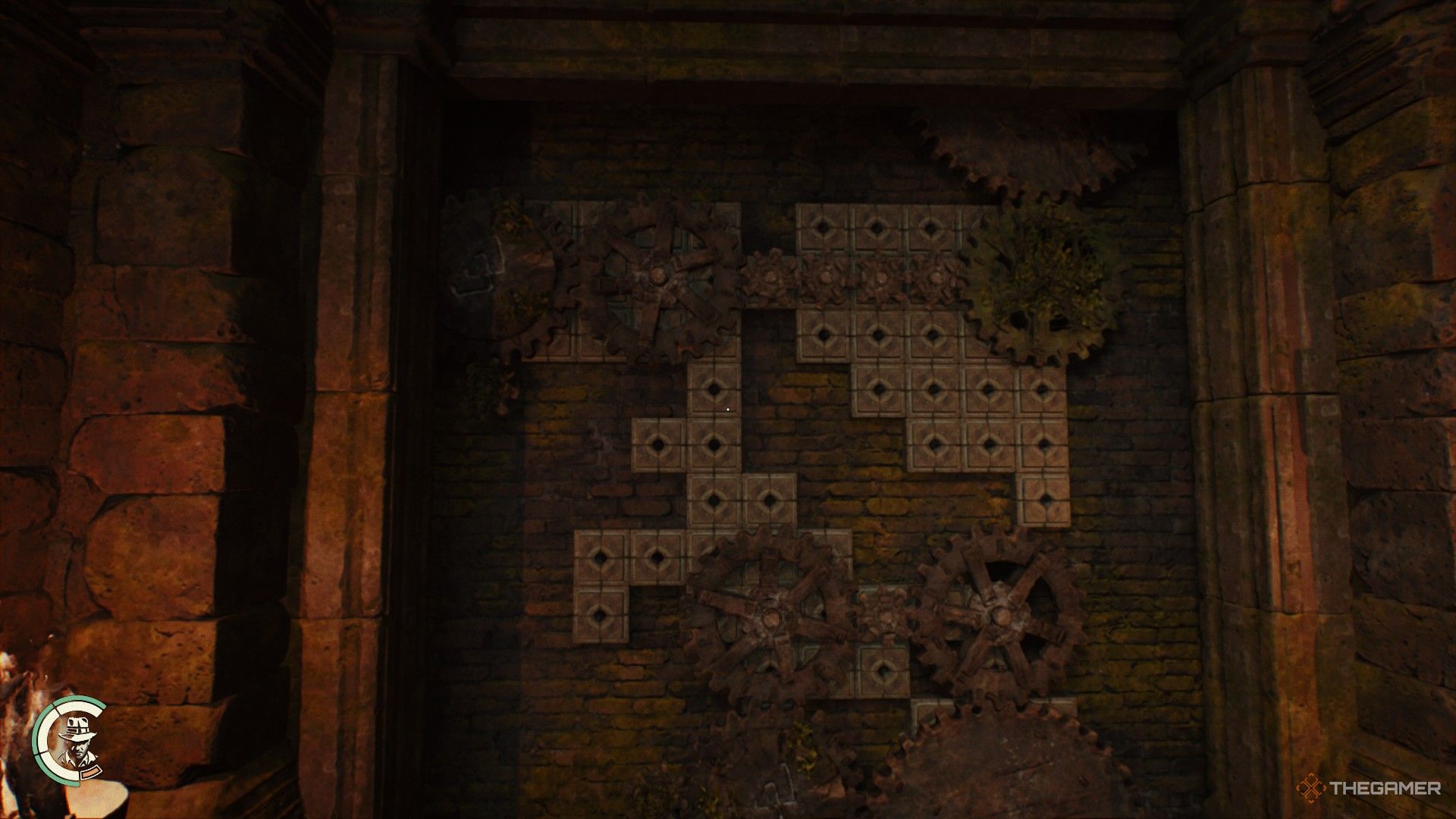 the solution to the village khmer cogwheel puzzle, using the correct configuration with the external gears, in indiana jones and the great circle.