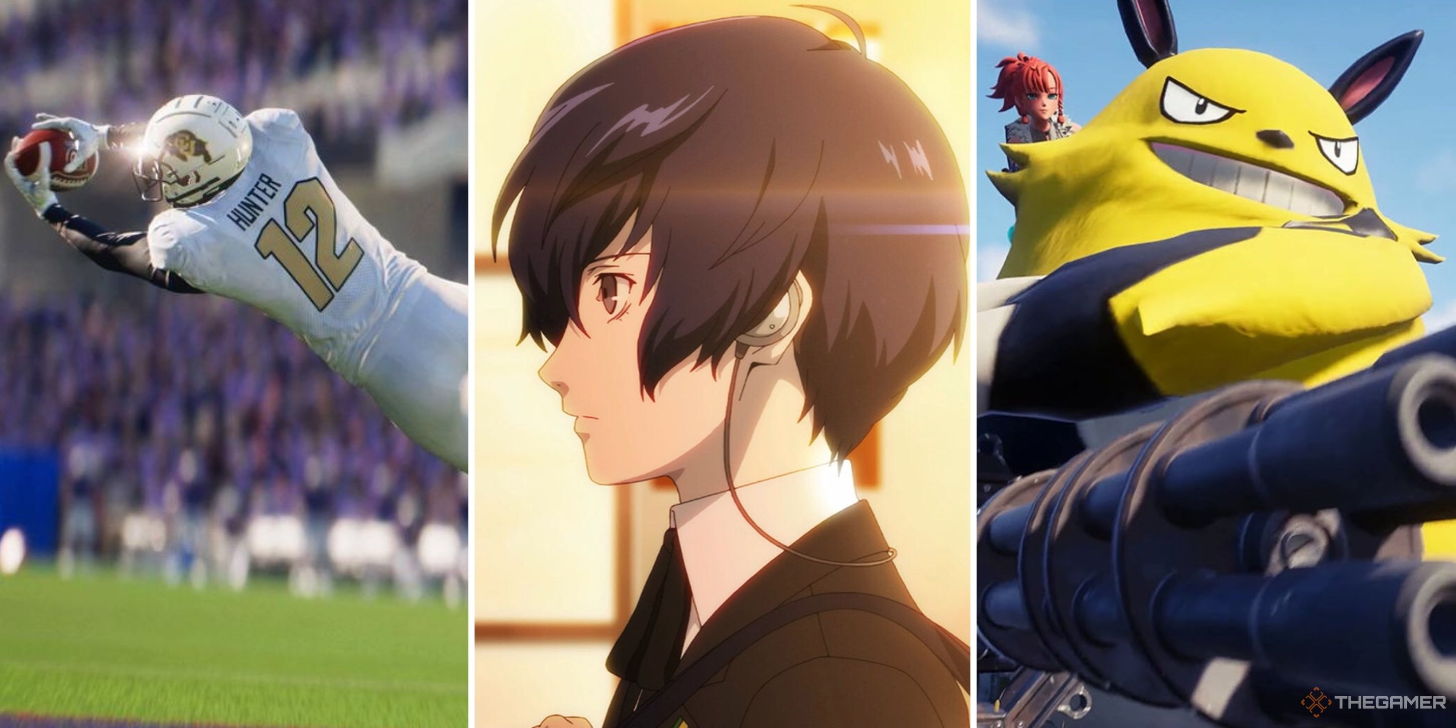 Split image of Travis Hunter catching a football, the protagonist in Persona 3 Reload, and a character riding a Pal in Palworld.