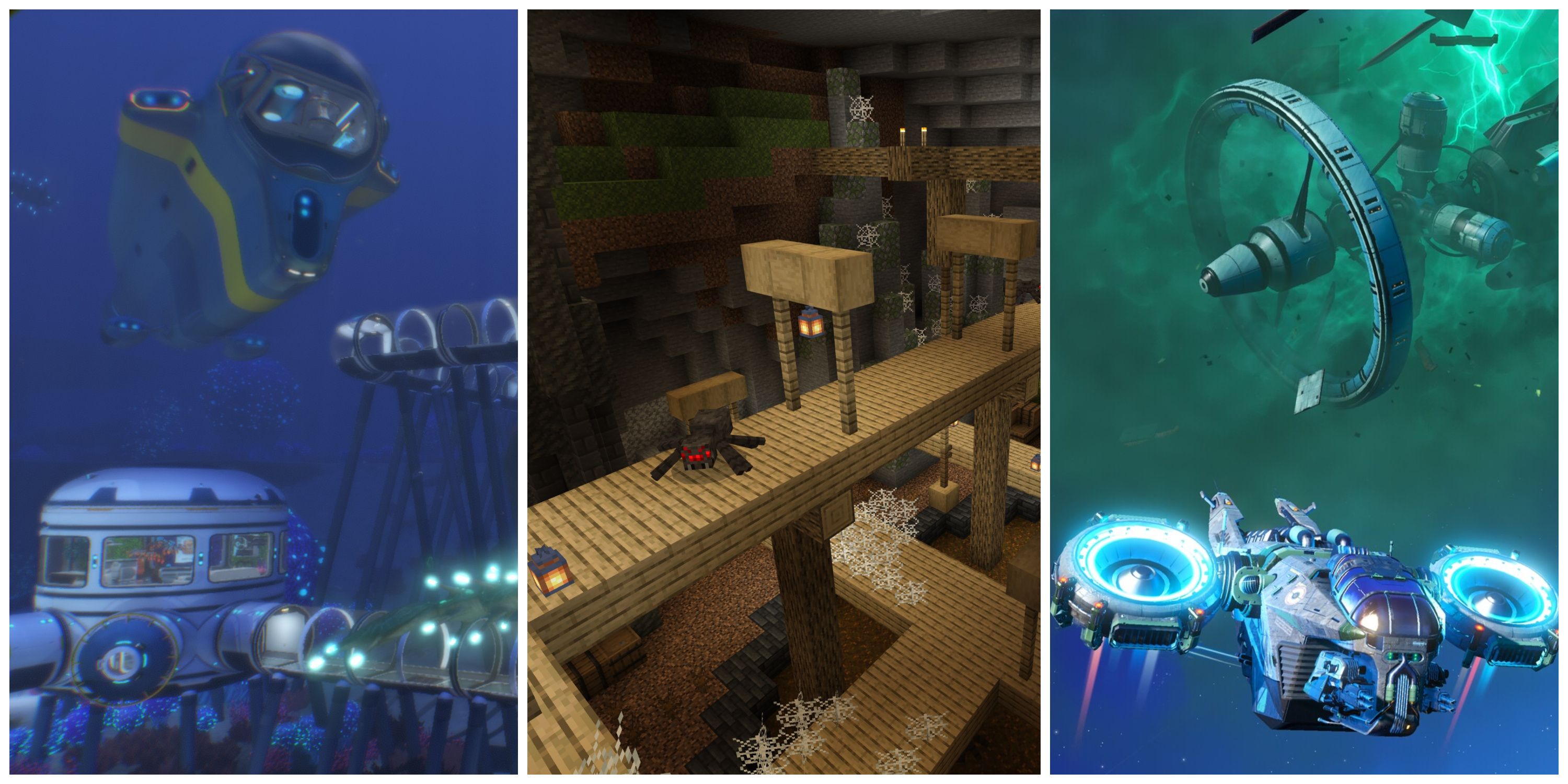 Collage of Subnautica Minecraft and No Mans Sky