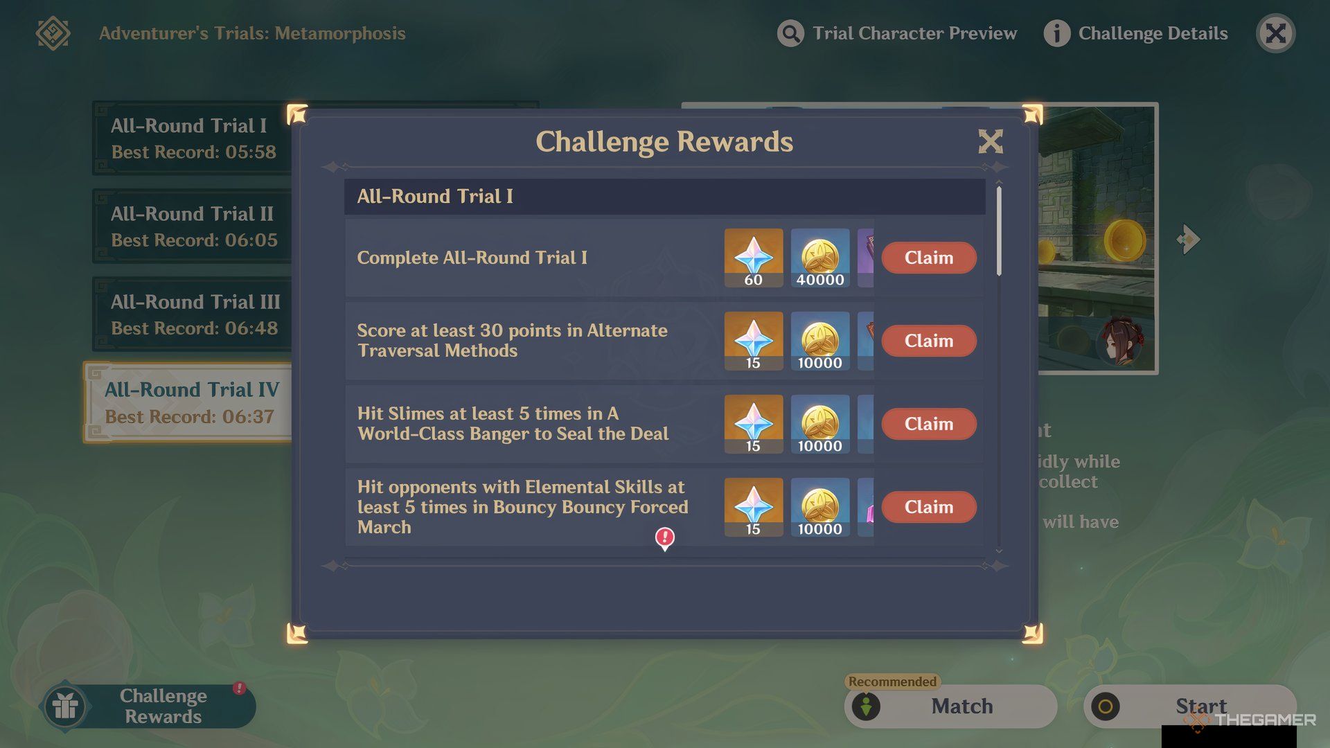 Adverturer's Trials Metamorphosis Event Rewards display screen in Genshin Impact.