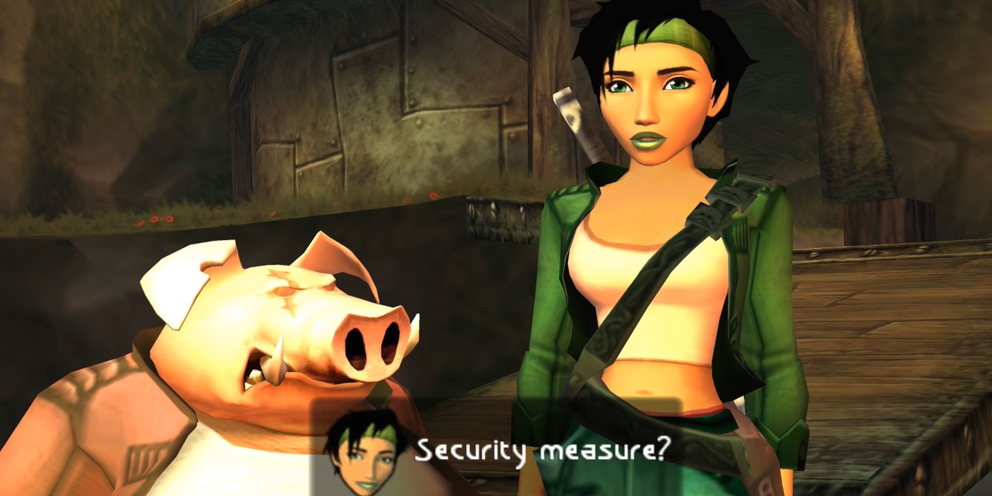 Pey'j looks at Jade as she asks about a security measure in Beyond Good And Evil.