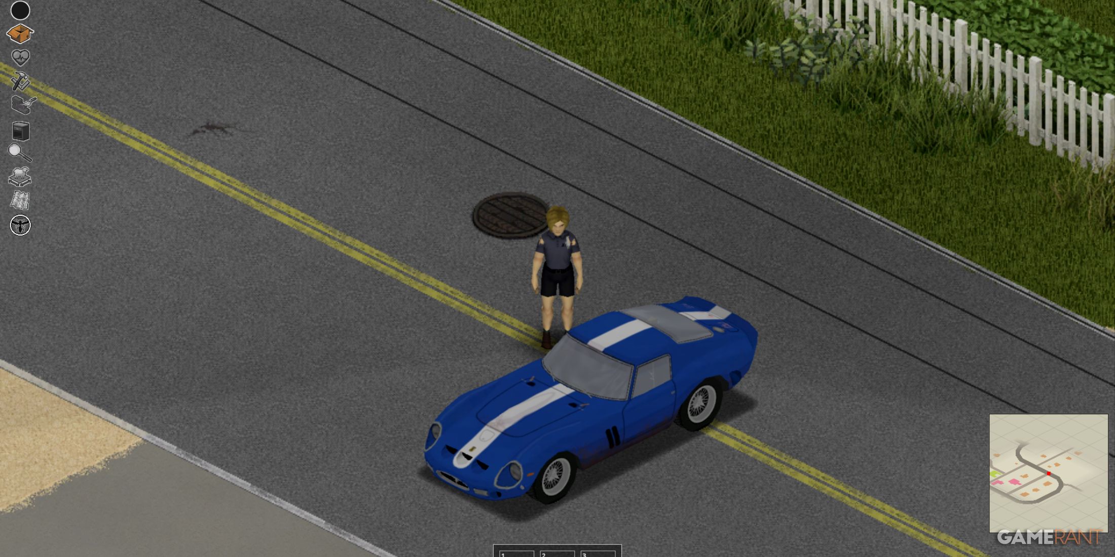 Character standing beside a blue sports car introduced with the FHQ Car mod in Project Zomboid