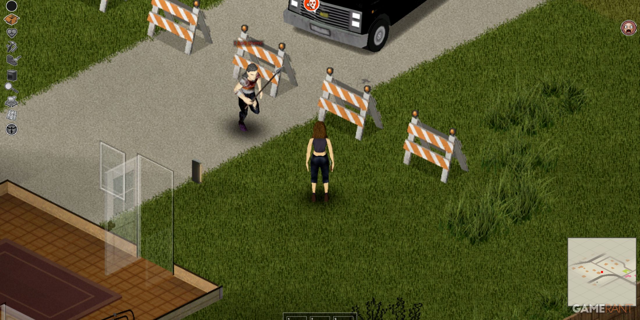 A Bandit NPC wielding a weapon near road barriers in Project Zomboid with mod compatibility