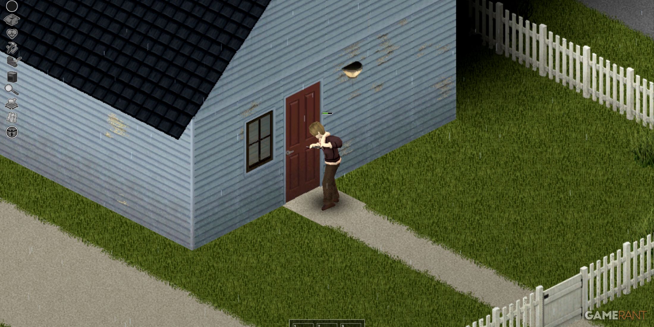 Character prying open a door with the Common Sense Pry Open mod in Project Zomboid